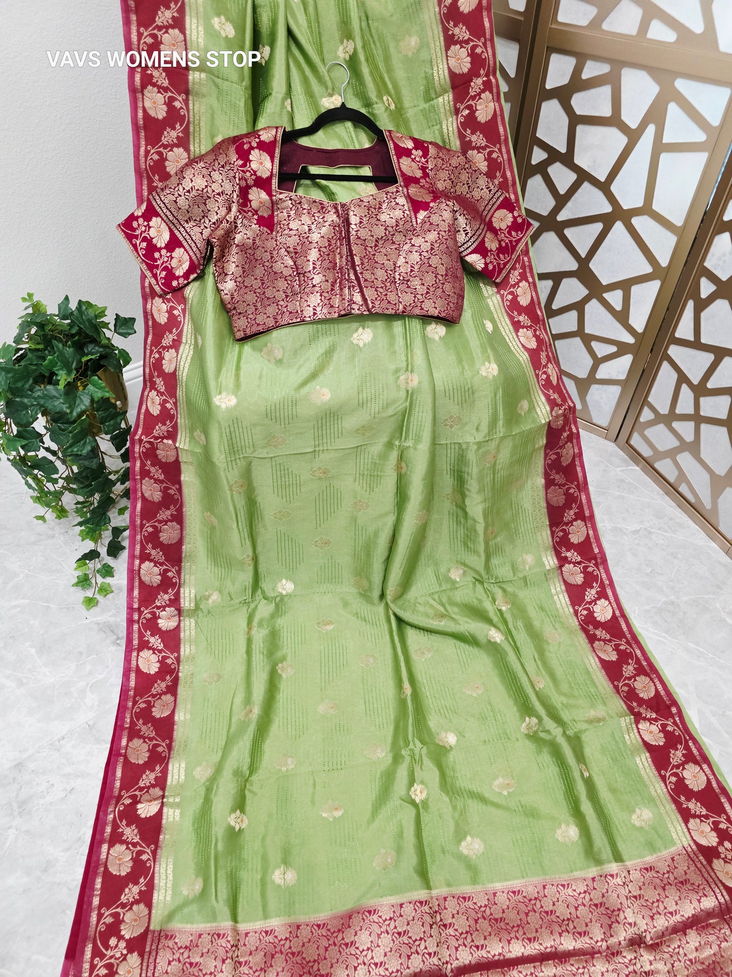 Pistachio Green Soft Benarasi Silk Saree with Wine Maroon Floral Border & Gold Brocade Pallu | Stitched Brocade Blouse Size 42, Extendable to 48