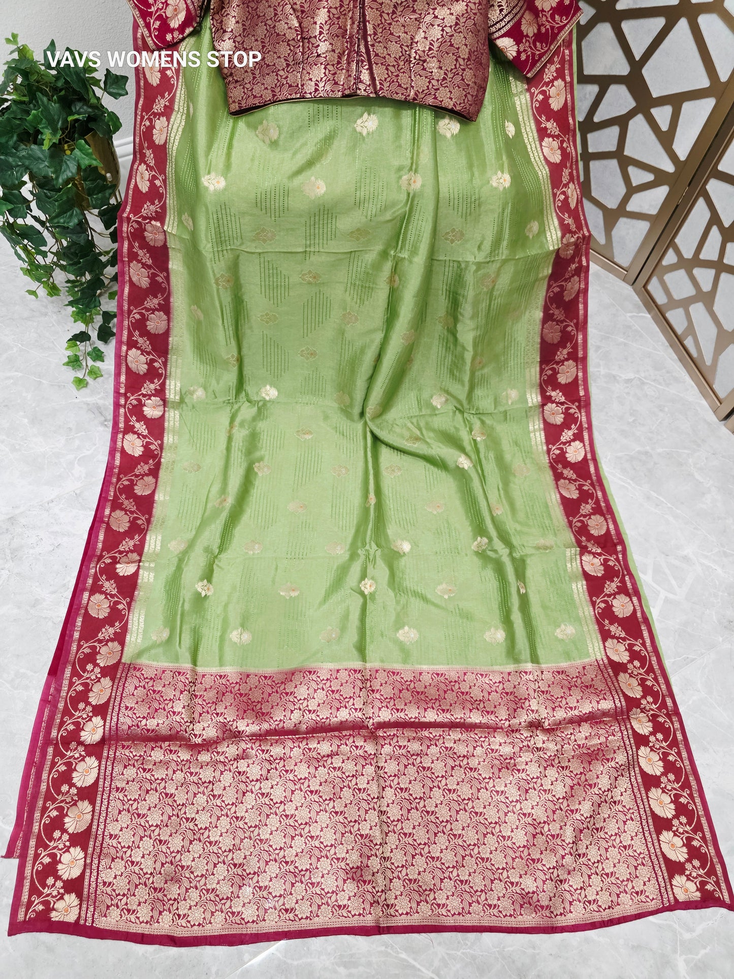 Pistachio Green Soft Benarasi Silk Saree with Wine Maroon Floral Border & Gold Brocade Pallu | Stitched Brocade Blouse Size 42, Extendable to 48