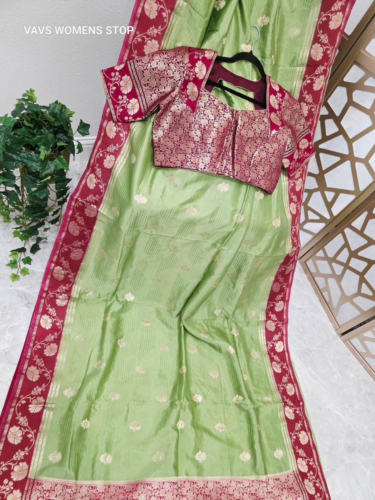 Pistachio Green Soft Benarasi Silk Saree with Wine Maroon Floral Border & Gold Brocade Pallu | Stitched Brocade Blouse Size 42, Extendable to 48