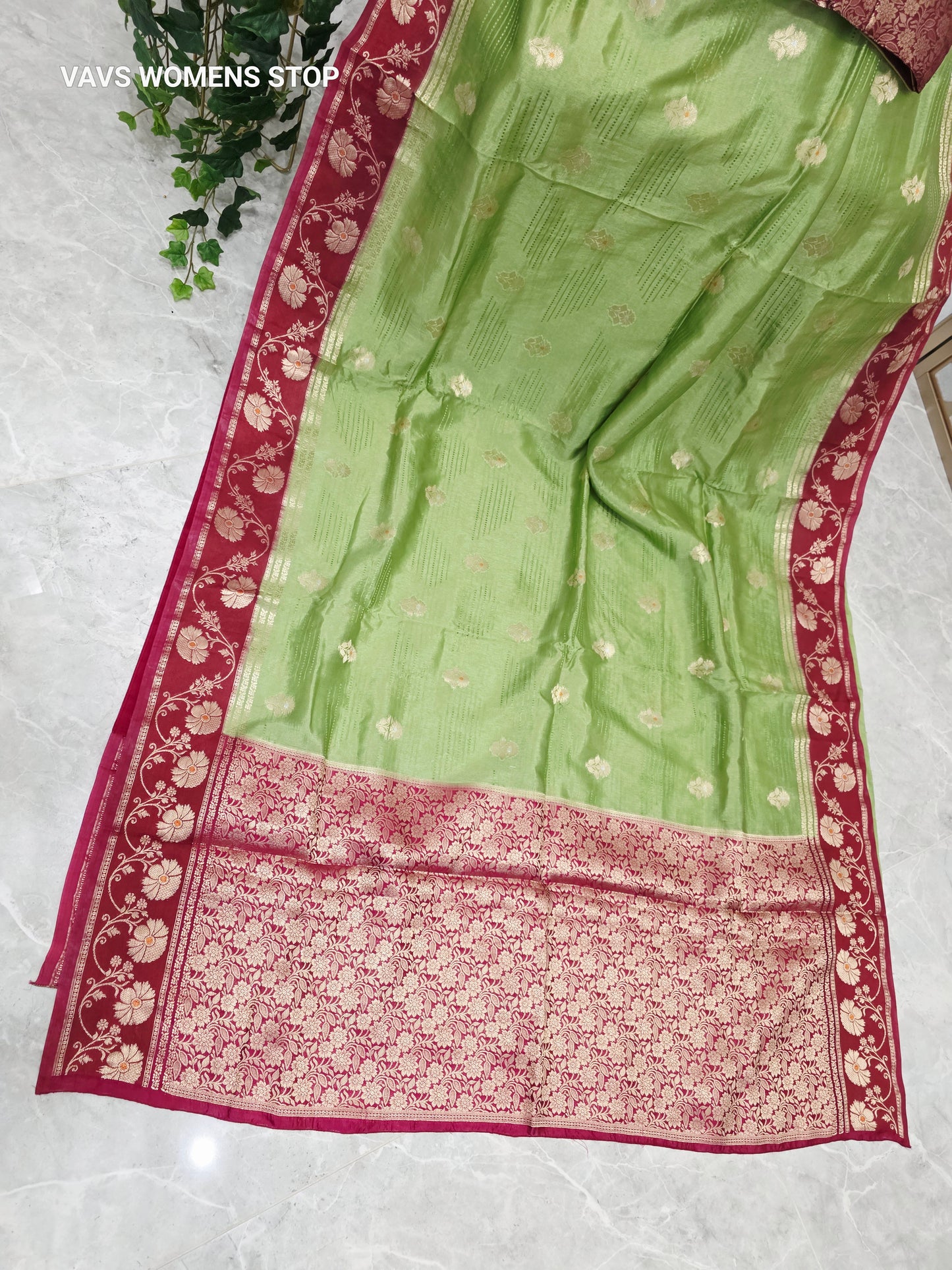 Pistachio Green Soft Benarasi Silk Saree with Wine Maroon Floral Border & Gold Brocade Pallu | Stitched Brocade Blouse Size 42, Extendable to 48