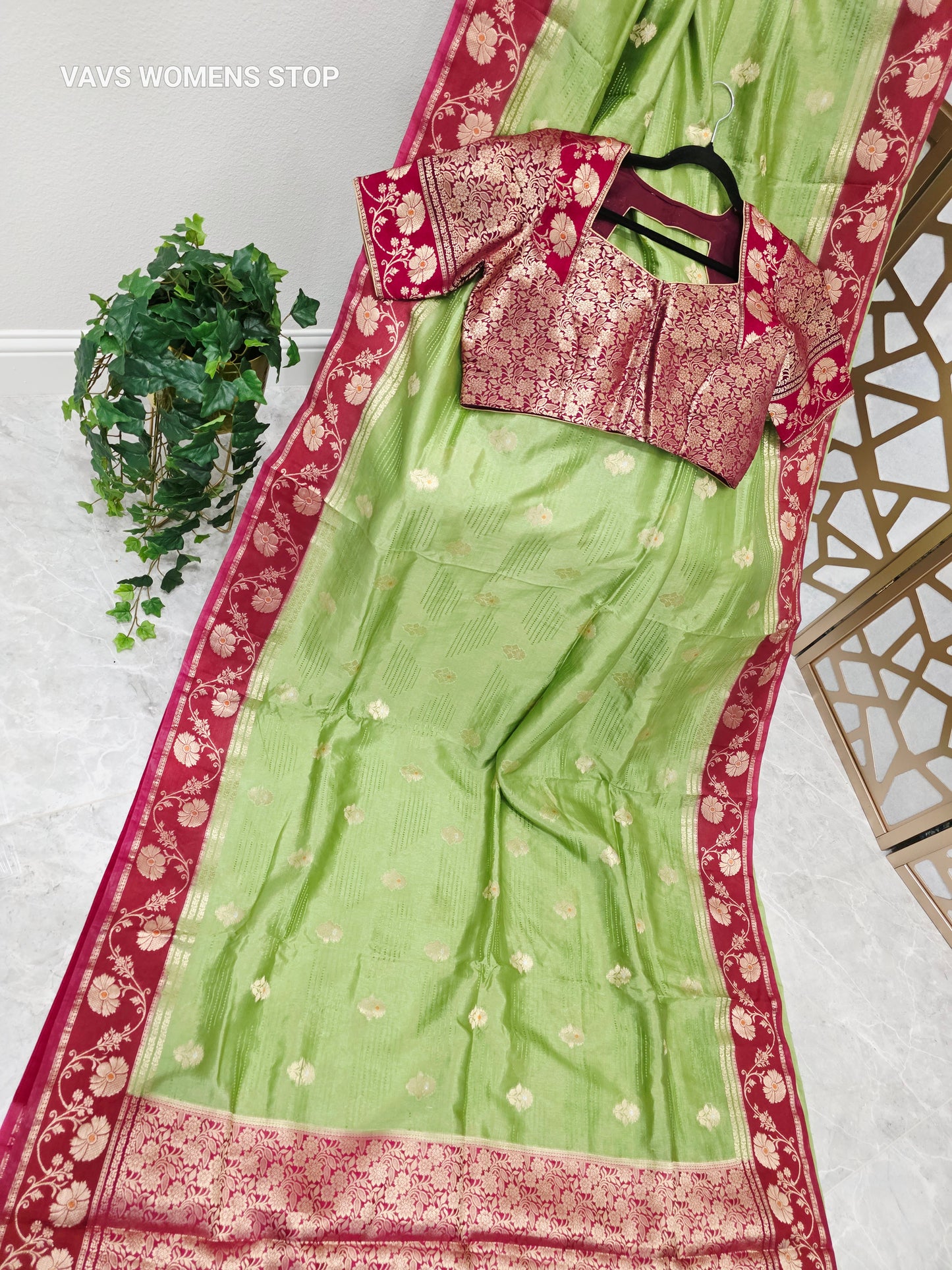 Pistachio Green Soft Benarasi Silk Saree with Wine Maroon Floral Border & Gold Brocade Pallu | Stitched Brocade Blouse Size 42, Extendable to 48