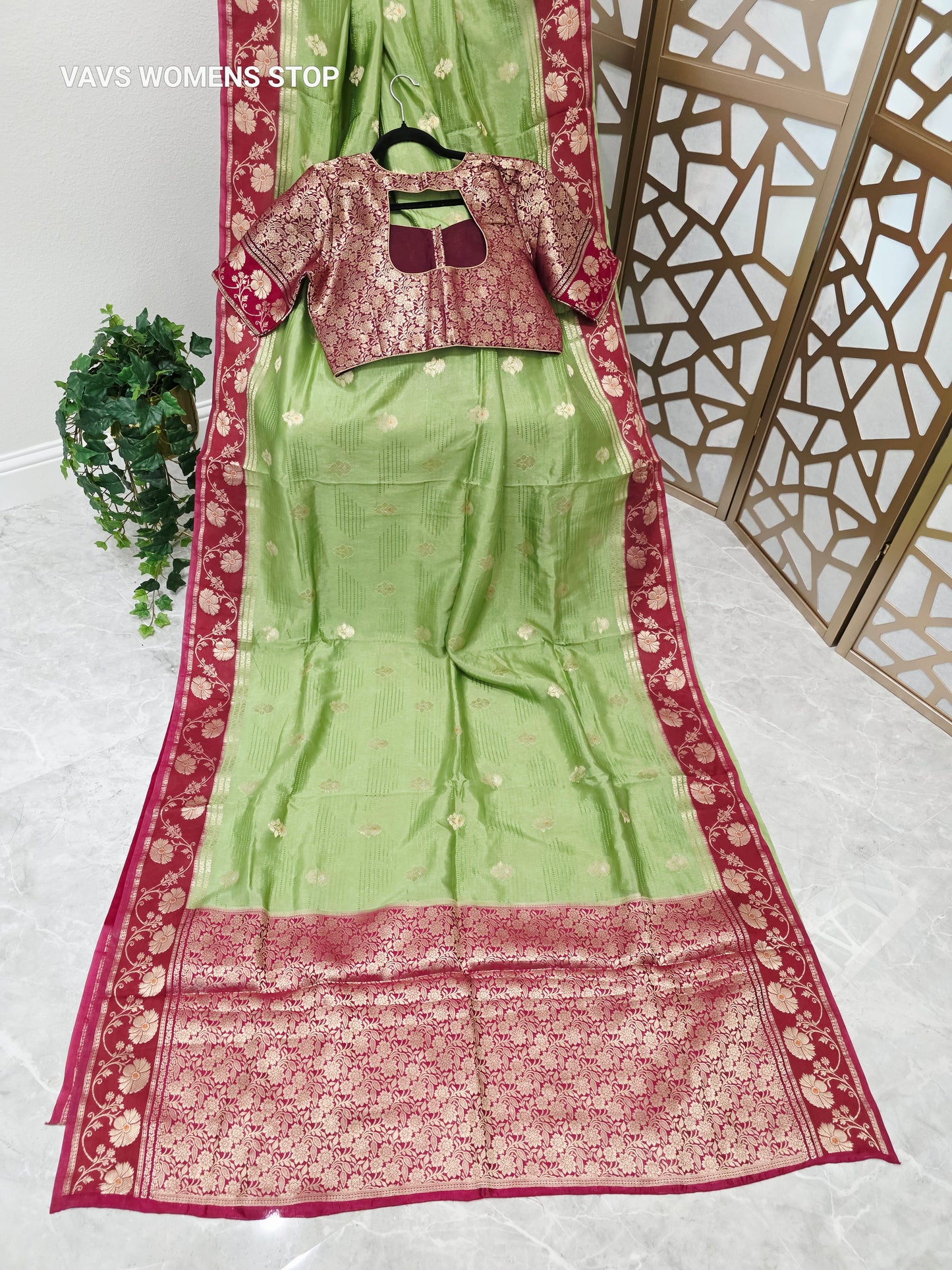 Pistachio Green Soft Benarasi Silk Saree with Wine Maroon Floral Border & Gold Brocade Pallu | Stitched Brocade Blouse Size 42, Extendable to 48