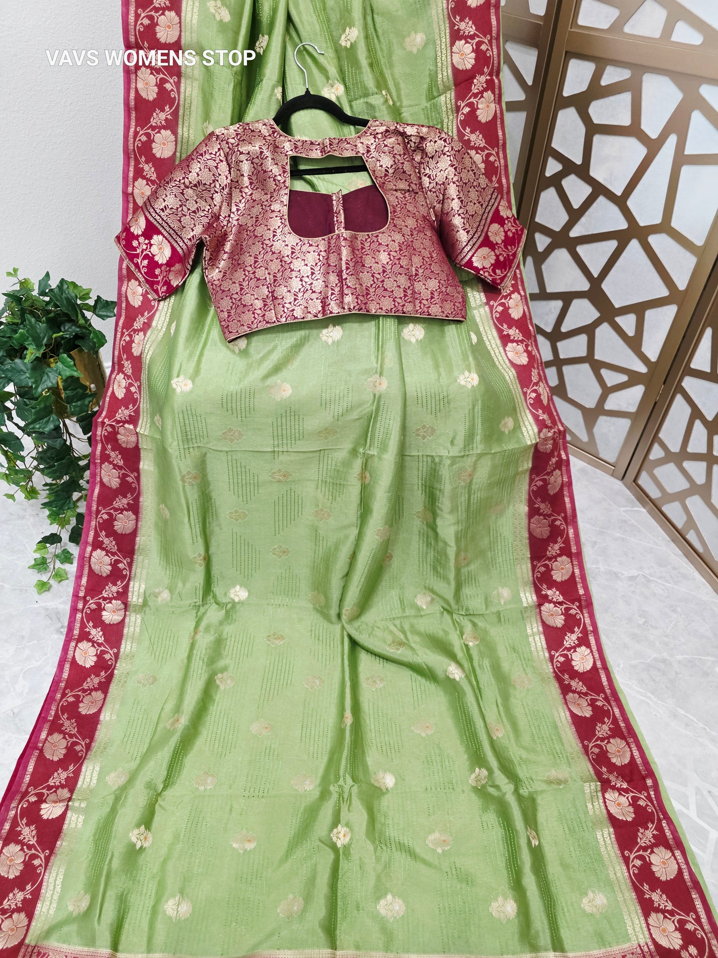 Pistachio Green Soft Benarasi Silk Saree with Wine Maroon Floral Border & Gold Brocade Pallu | Stitched Brocade Blouse Size 42, Extendable to 48