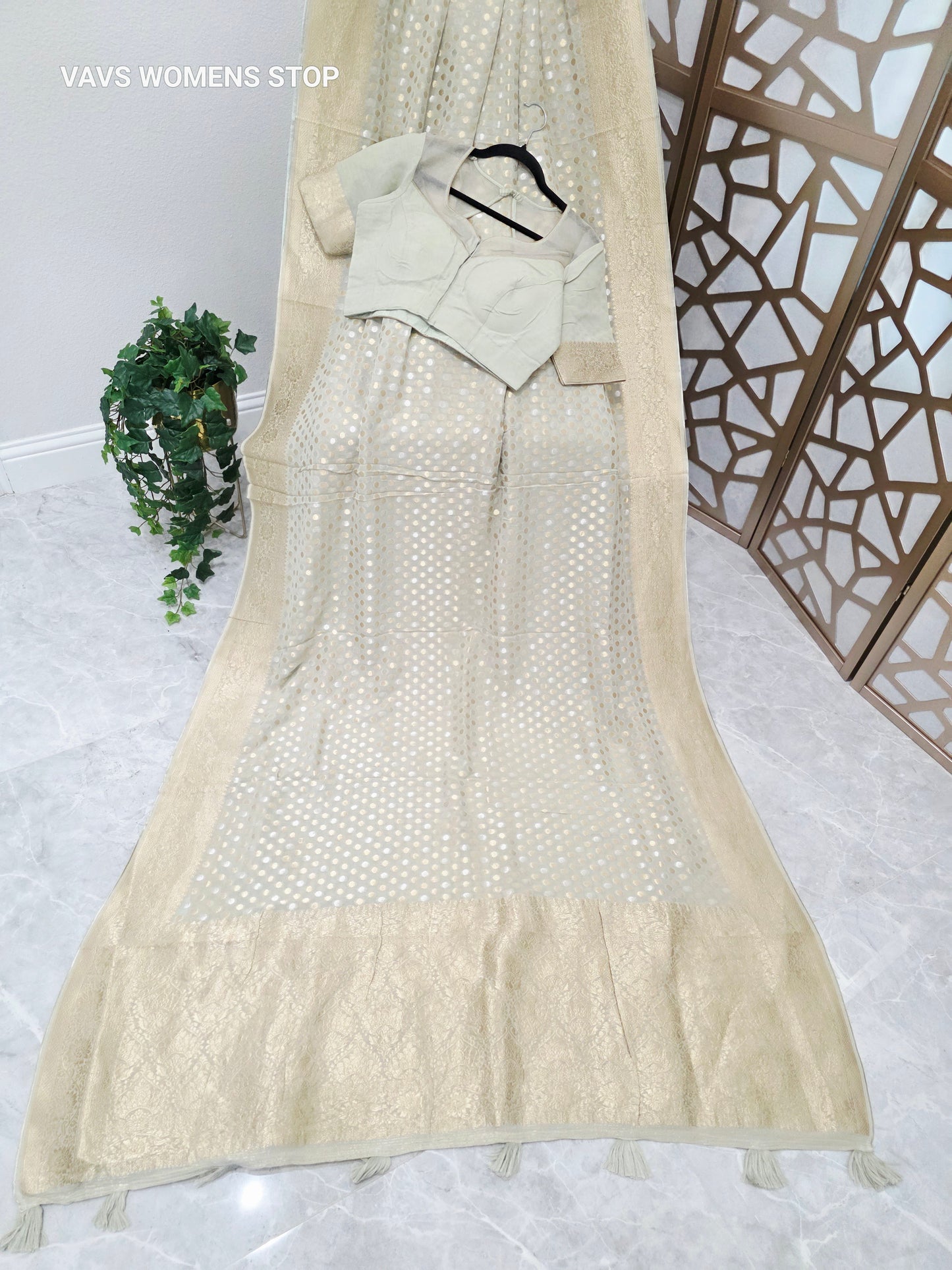 Pearl Sage Green Viscose Georgette Saree with Silver & Gold Polka Dots, Champagne Gold Borders & Stitched Blouse Size 38, Extendable to 44