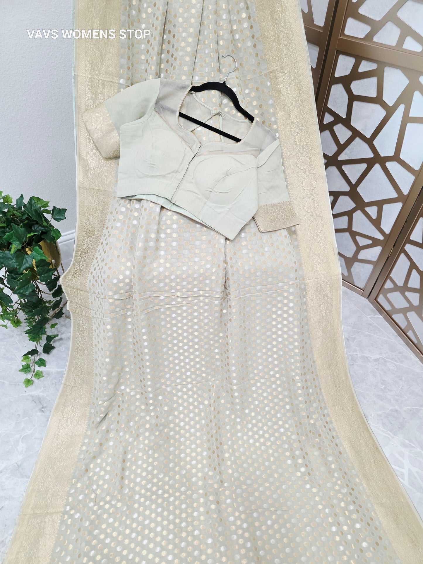Pearl Sage Green Viscose Georgette Saree with Silver & Gold Polka Dots, Champagne Gold Borders & Stitched Blouse Size 38, Extendable to 44