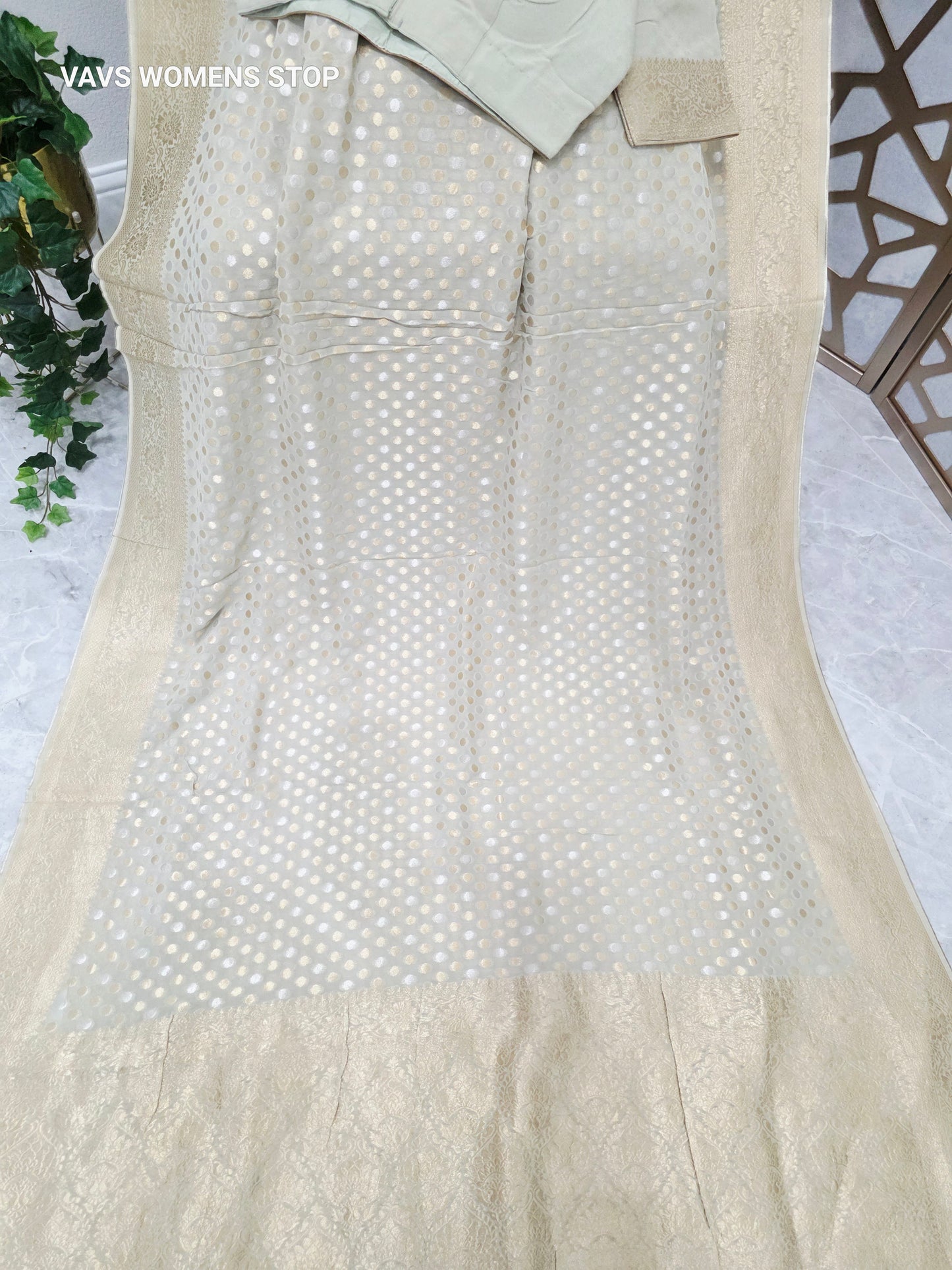 Pearl Sage Green Viscose Georgette Saree with Silver & Gold Polka Dots, Champagne Gold Borders & Stitched Blouse Size 38, Extendable to 44