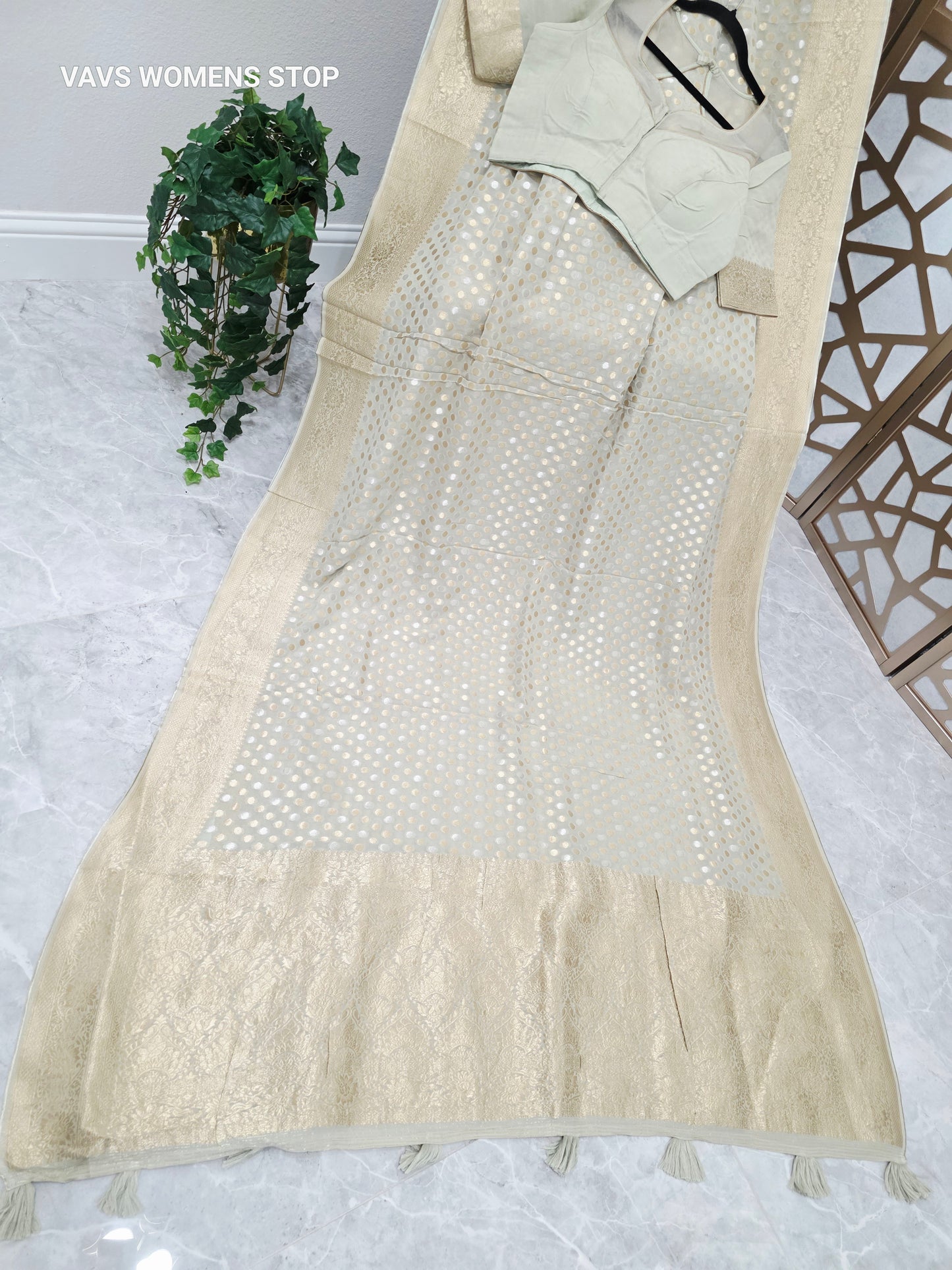 Pearl Sage Green Viscose Georgette Saree with Silver & Gold Polka Dots, Champagne Gold Borders & Stitched Blouse Size 38, Extendable to 44