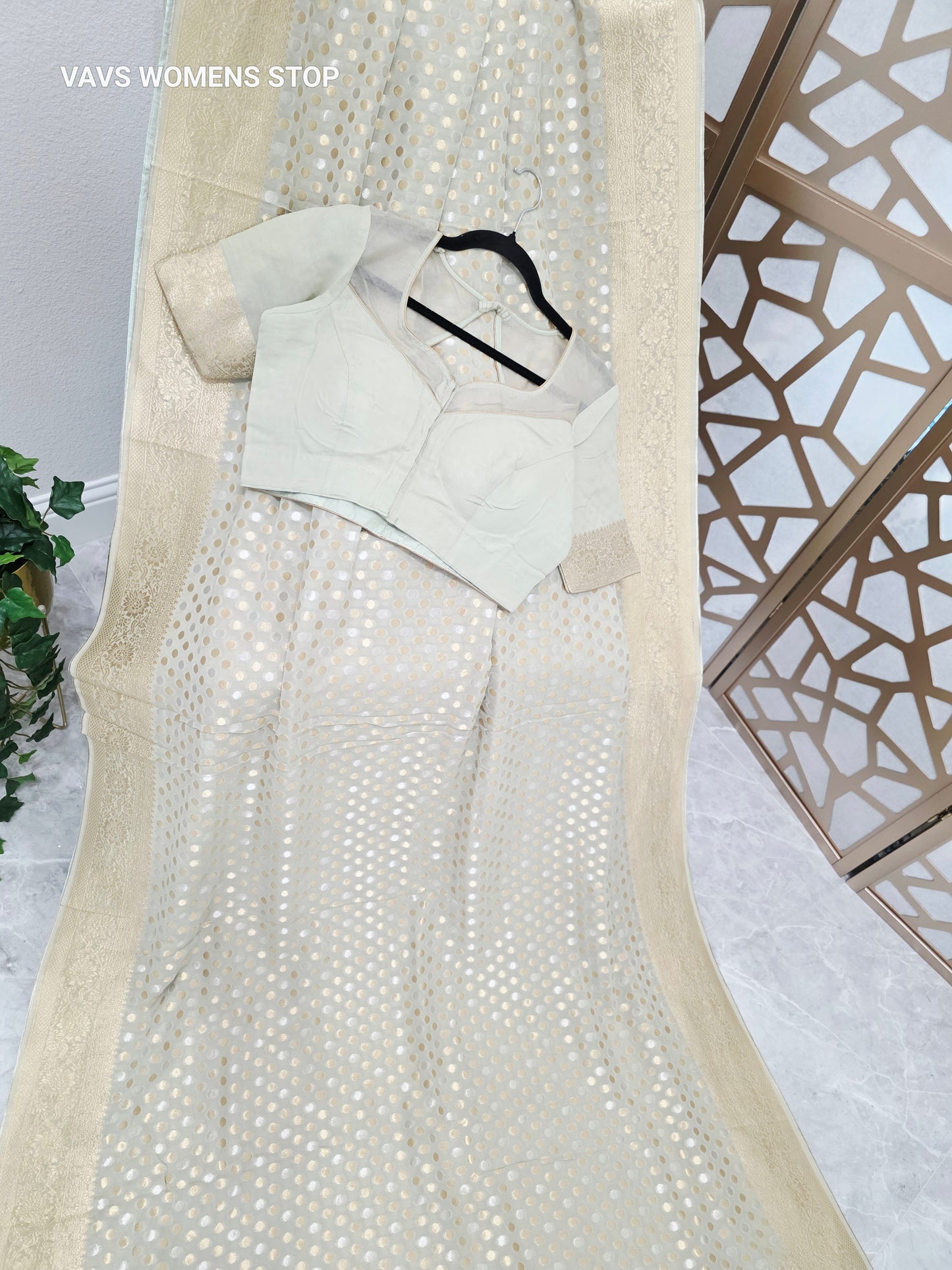 Pearl Sage Green Viscose Georgette Saree with Silver & Gold Polka Dots, Champagne Gold Borders & Stitched Blouse Size 38, Extendable to 44