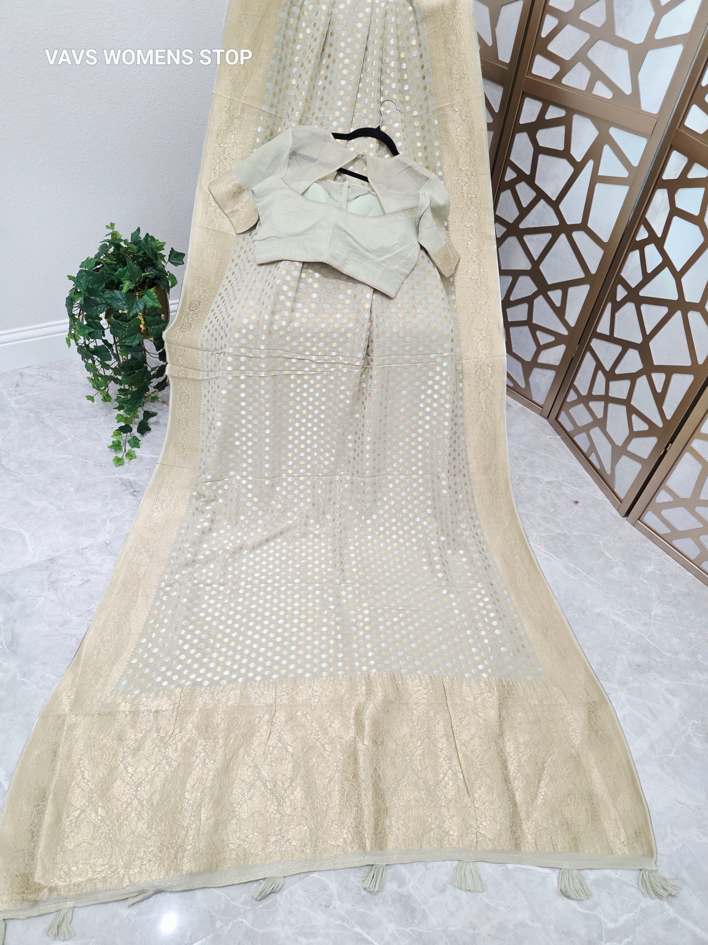 Pearl Sage Green Viscose Georgette Saree with Silver & Gold Polka Dots, Champagne Gold Borders & Stitched Blouse Size 38, Extendable to 44