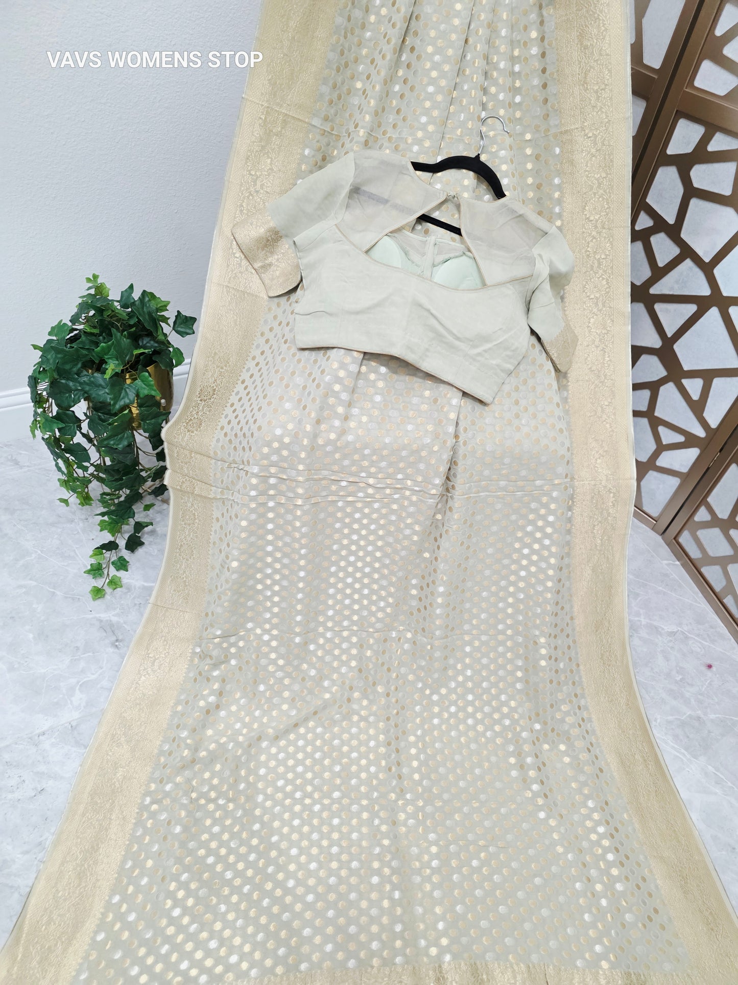 Pearl Sage Green Viscose Georgette Saree with Silver & Gold Polka Dots, Champagne Gold Borders & Stitched Blouse Size 38, Extendable to 44
