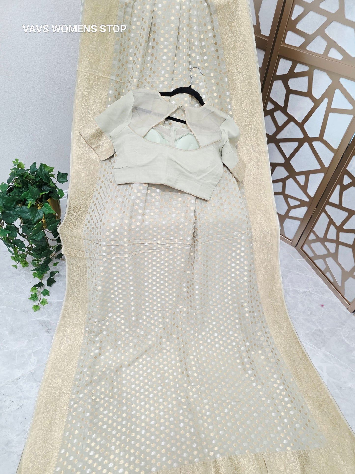 Pearl Sage Green Viscose Georgette Saree with Silver & Gold Polka Dots, Champagne Gold Borders & Stitched Blouse Size 38, Extendable to 44
