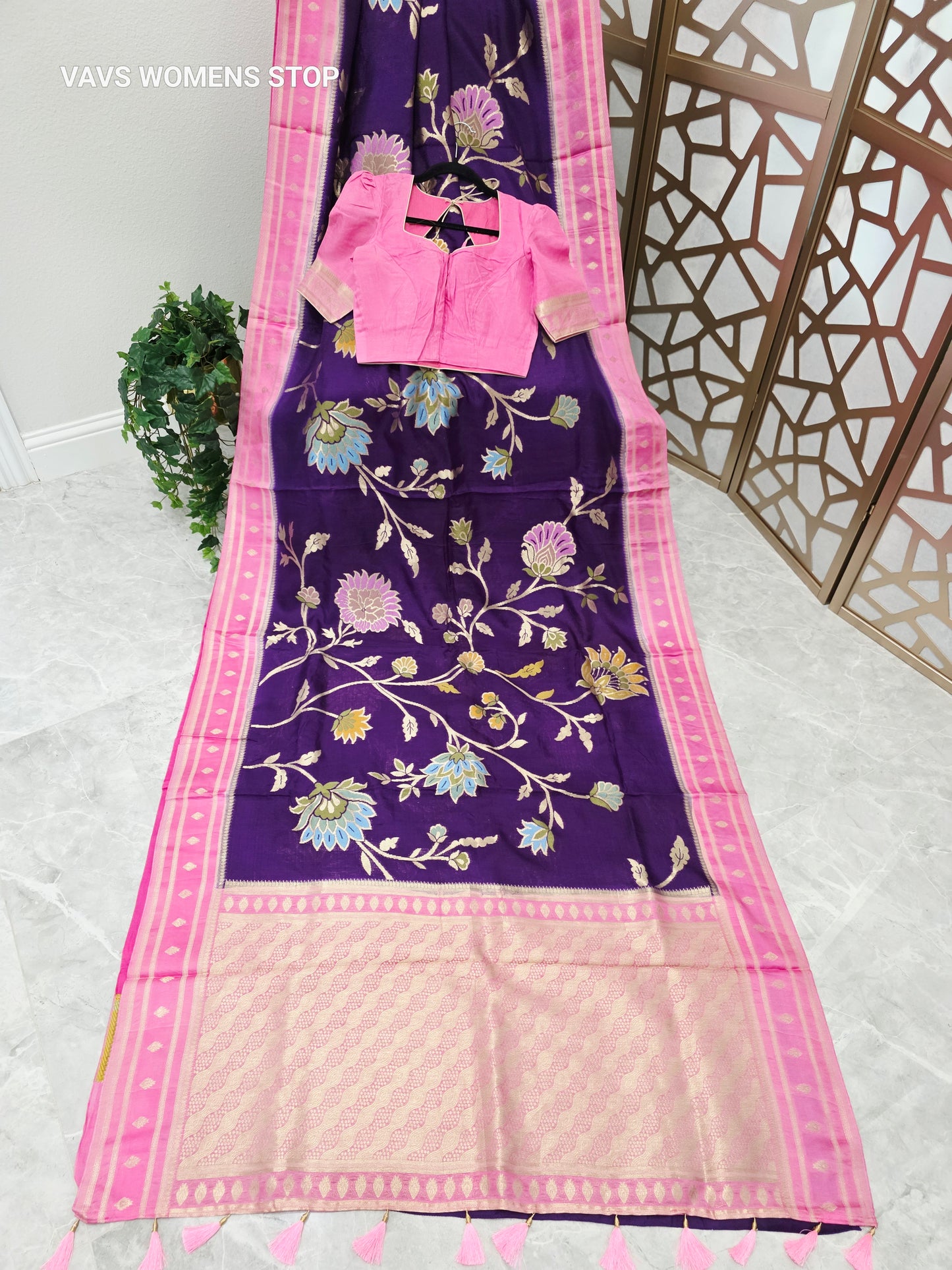 Amethyst Purple & Rose Pink Jamdani Style Benarasi Silk Blend Saree with Pastel Florals & Stitched Blouse | Size 34, Extendable to 40