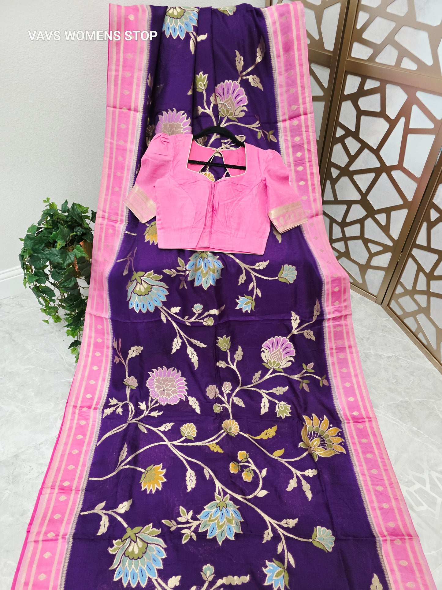 Amethyst Purple & Rose Pink Jamdani Style Benarasi Silk Blend Saree with Pastel Florals & Stitched Blouse | Size 34, Extendable to 40