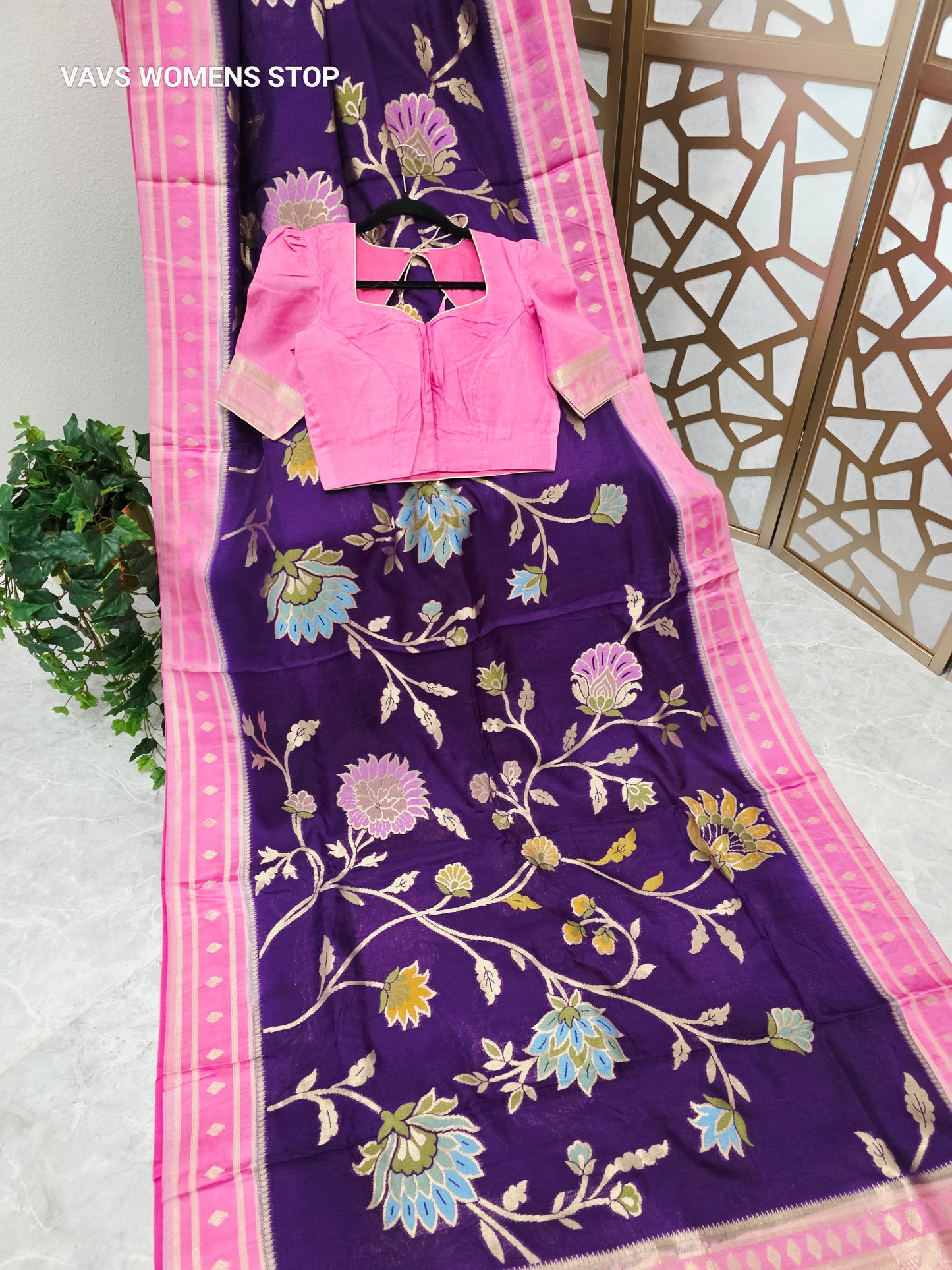 Amethyst Purple & Rose Pink Jamdani Style Benarasi Silk Blend Saree with Pastel Florals & Stitched Blouse | Size 34, Extendable to 40