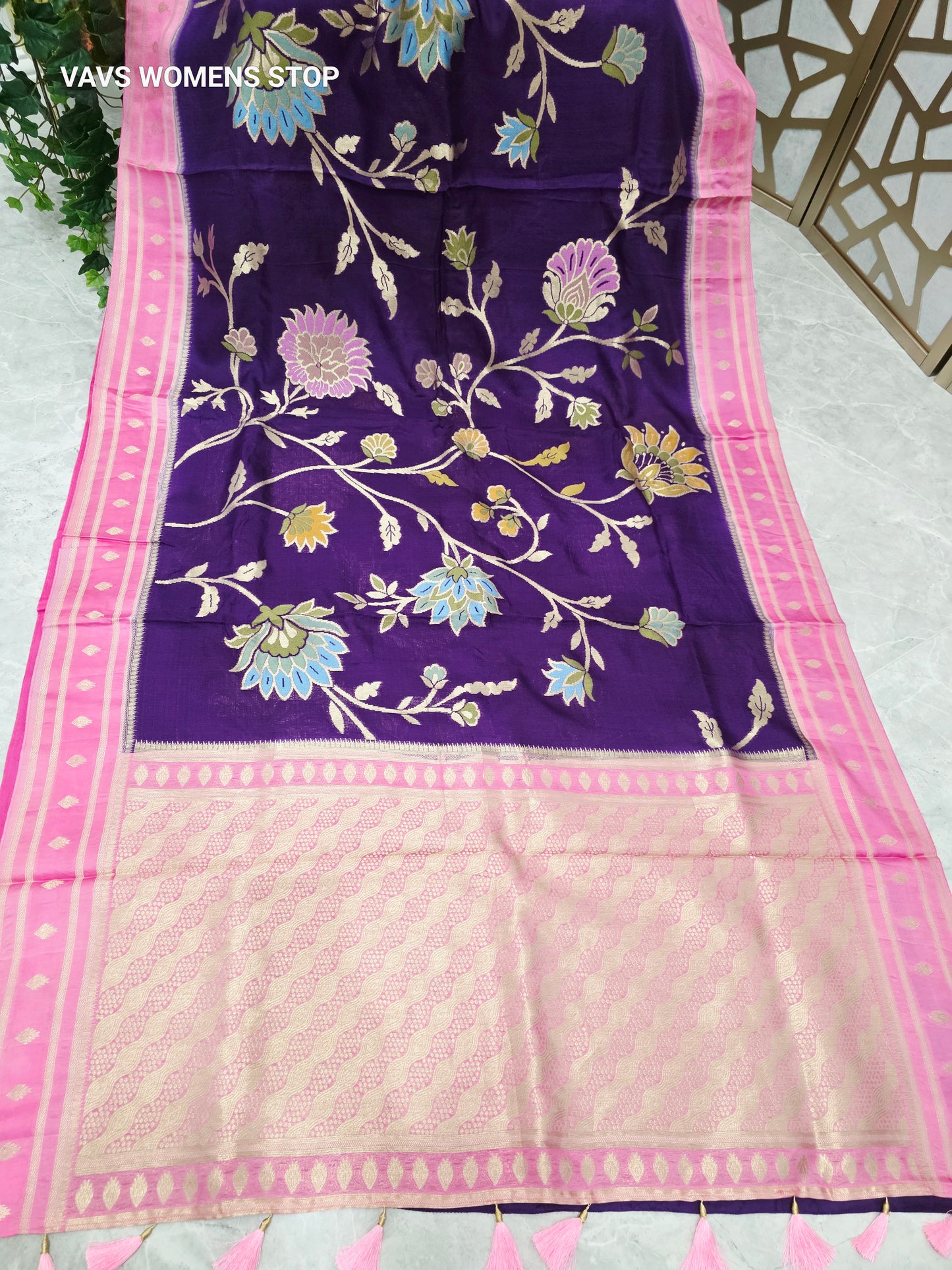 Amethyst Purple & Rose Pink Jamdani Style Benarasi Silk Blend Saree with Pastel Florals & Stitched Blouse | Size 34, Extendable to 40
