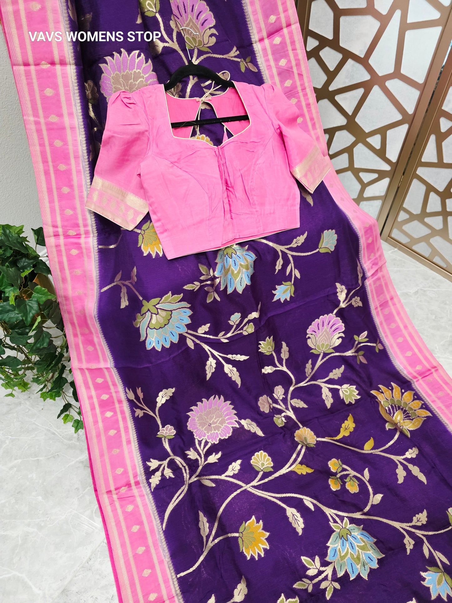 Amethyst Purple & Rose Pink Jamdani Style Benarasi Silk Blend Saree with Pastel Florals & Stitched Blouse | Size 34, Extendable to 40