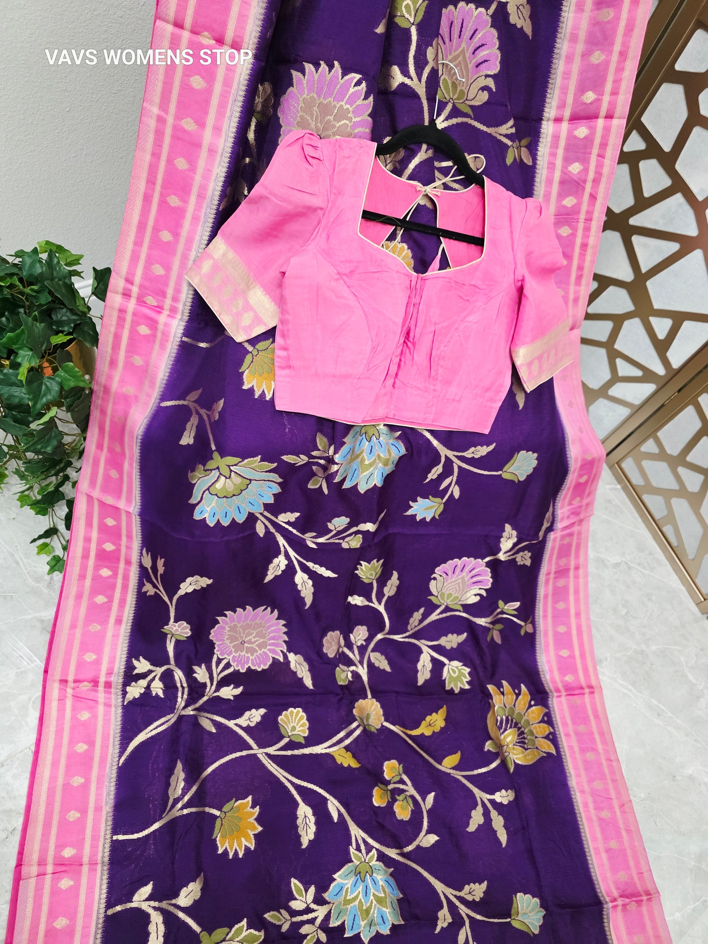 Amethyst Purple & Rose Pink Jamdani Style Benarasi Silk Blend Saree with Pastel Florals & Stitched Blouse | Size 34, Extendable to 40