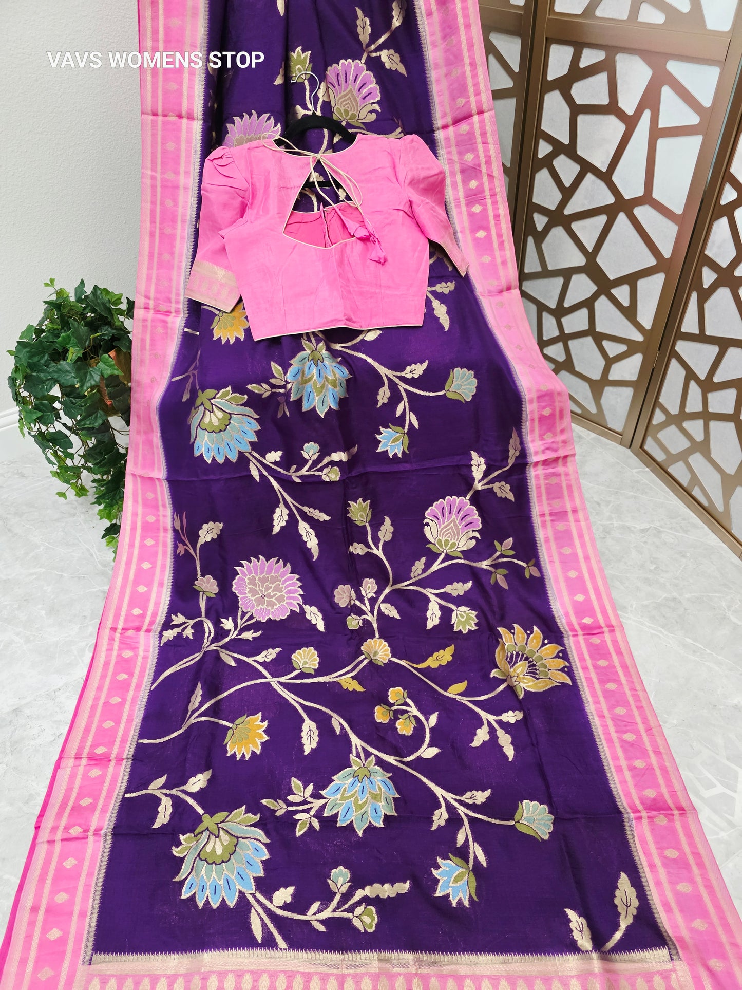 Amethyst Purple & Rose Pink Jamdani Style Benarasi Silk Blend Saree with Pastel Florals & Stitched Blouse | Size 34, Extendable to 40