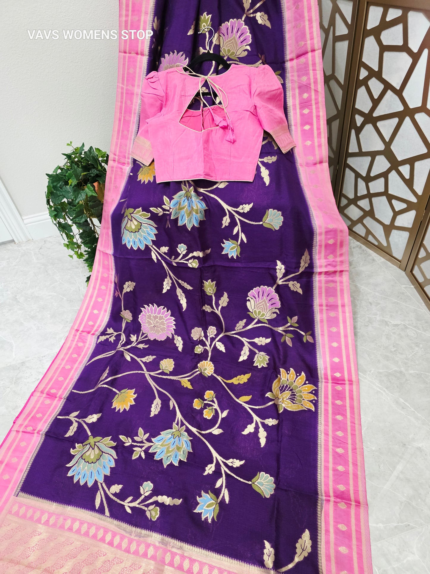Amethyst Purple & Rose Pink Jamdani Style Benarasi Silk Blend Saree with Pastel Florals & Stitched Blouse | Size 34, Extendable to 40