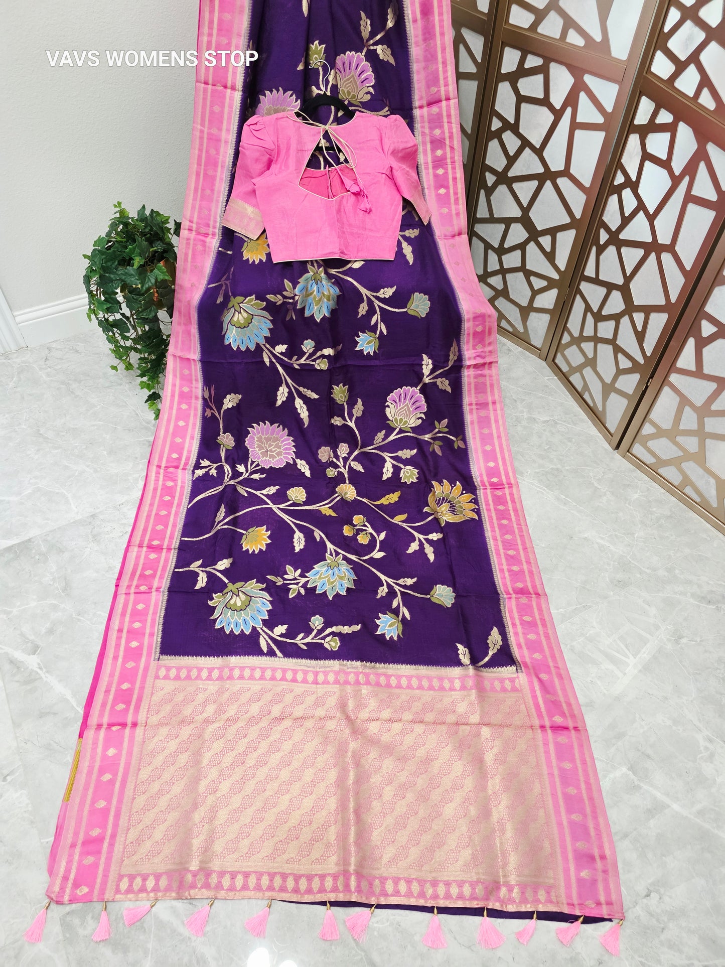 Amethyst Purple & Rose Pink Jamdani Style Benarasi Silk Blend Saree with Pastel Florals & Stitched Blouse | Size 34, Extendable to 40