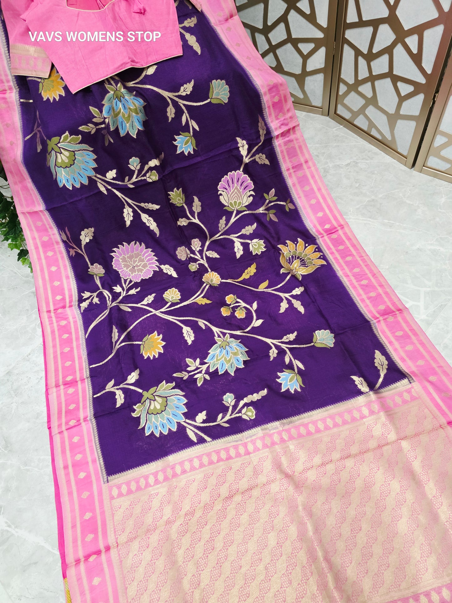 Amethyst Purple & Rose Pink Jamdani Style Benarasi Silk Blend Saree with Pastel Florals & Stitched Blouse | Size 34, Extendable to 40