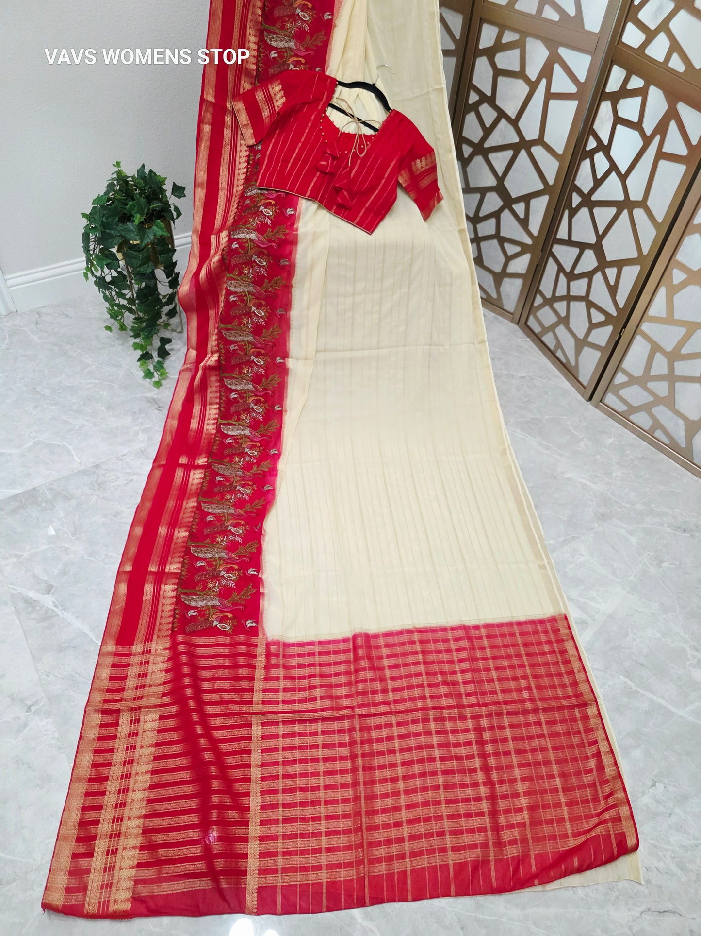 Ivory Cream & Crimson Red Semi Mysore Crepe Silk Saree with Embroidered Peacock Floral Border & Stitched Blouse — Size 36, Extendable to 42