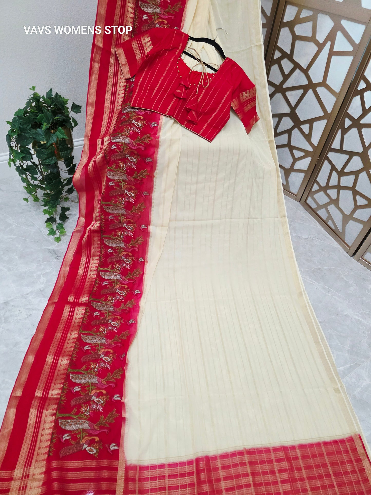 Ivory Cream & Crimson Red Semi Mysore Crepe Silk Saree with Embroidered Peacock Floral Border & Stitched Blouse — Size 36, Extendable to 42