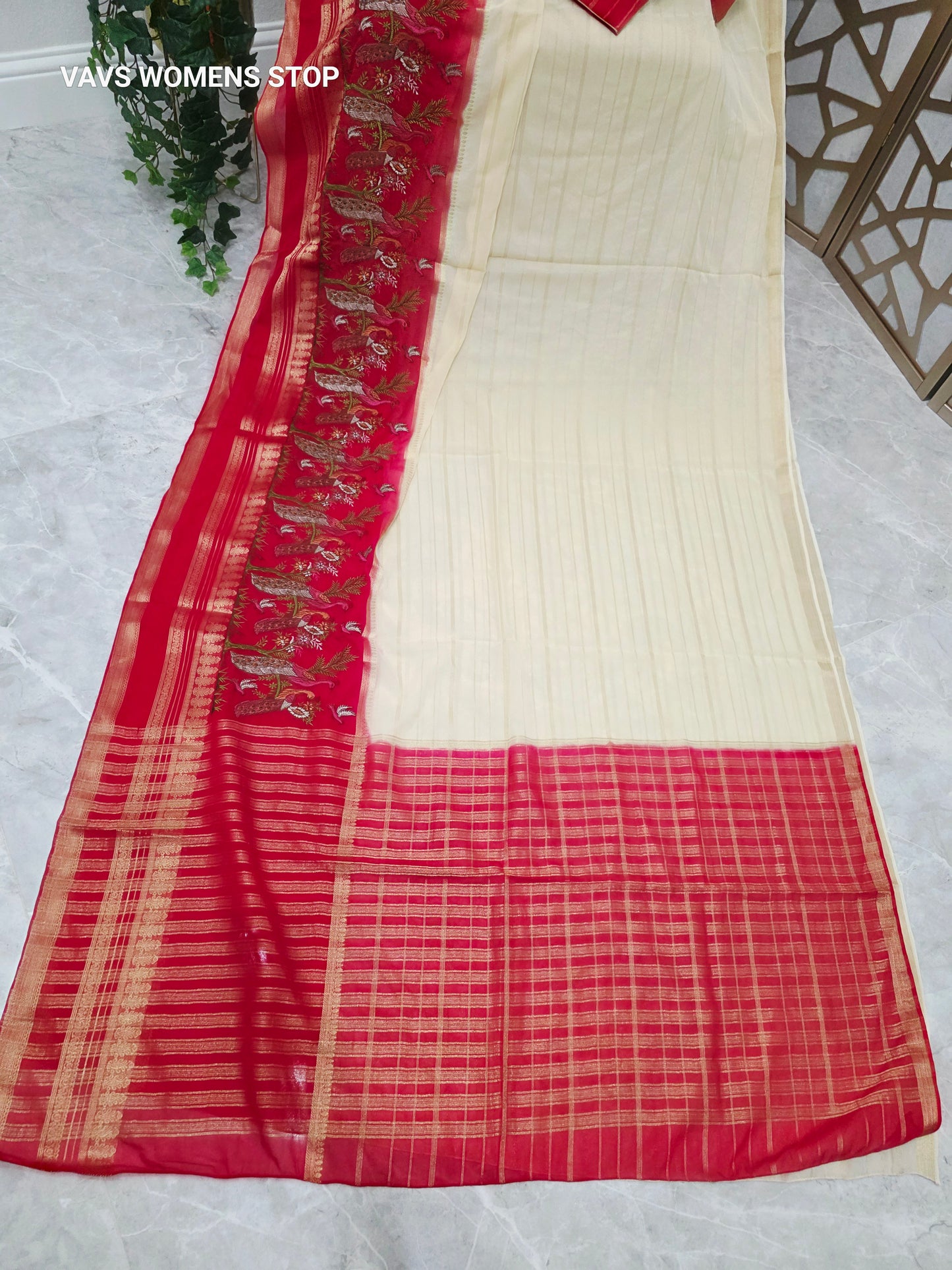 Ivory Cream & Crimson Red Semi Mysore Crepe Silk Saree with Embroidered Peacock Floral Border & Stitched Blouse — Size 36, Extendable to 42