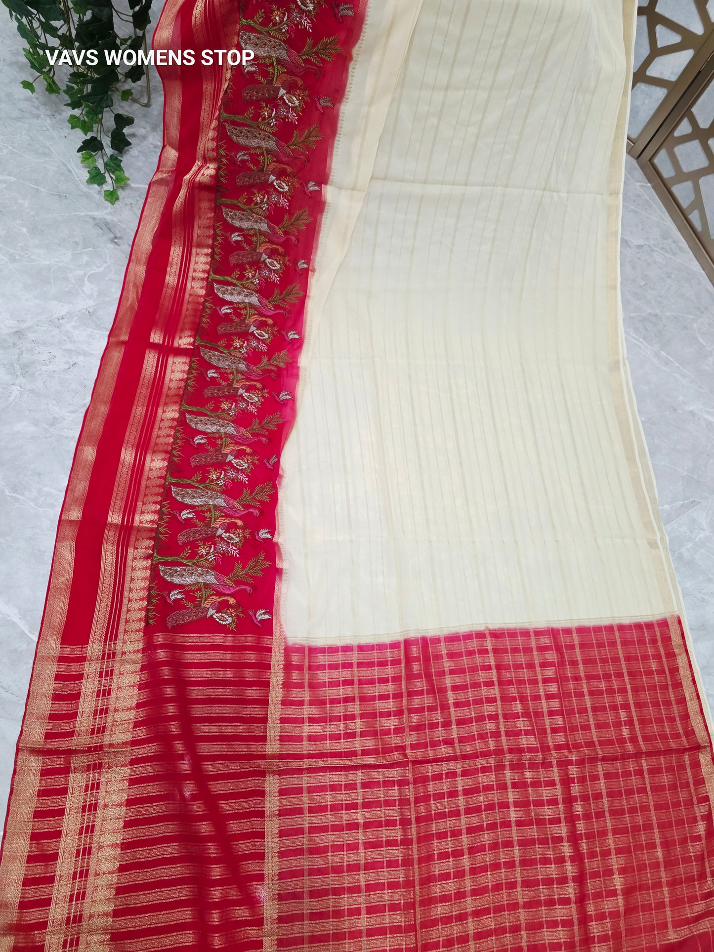 Ivory Cream & Crimson Red Semi Mysore Crepe Silk Saree with Embroidered Peacock Floral Border & Stitched Blouse — Size 36, Extendable to 42