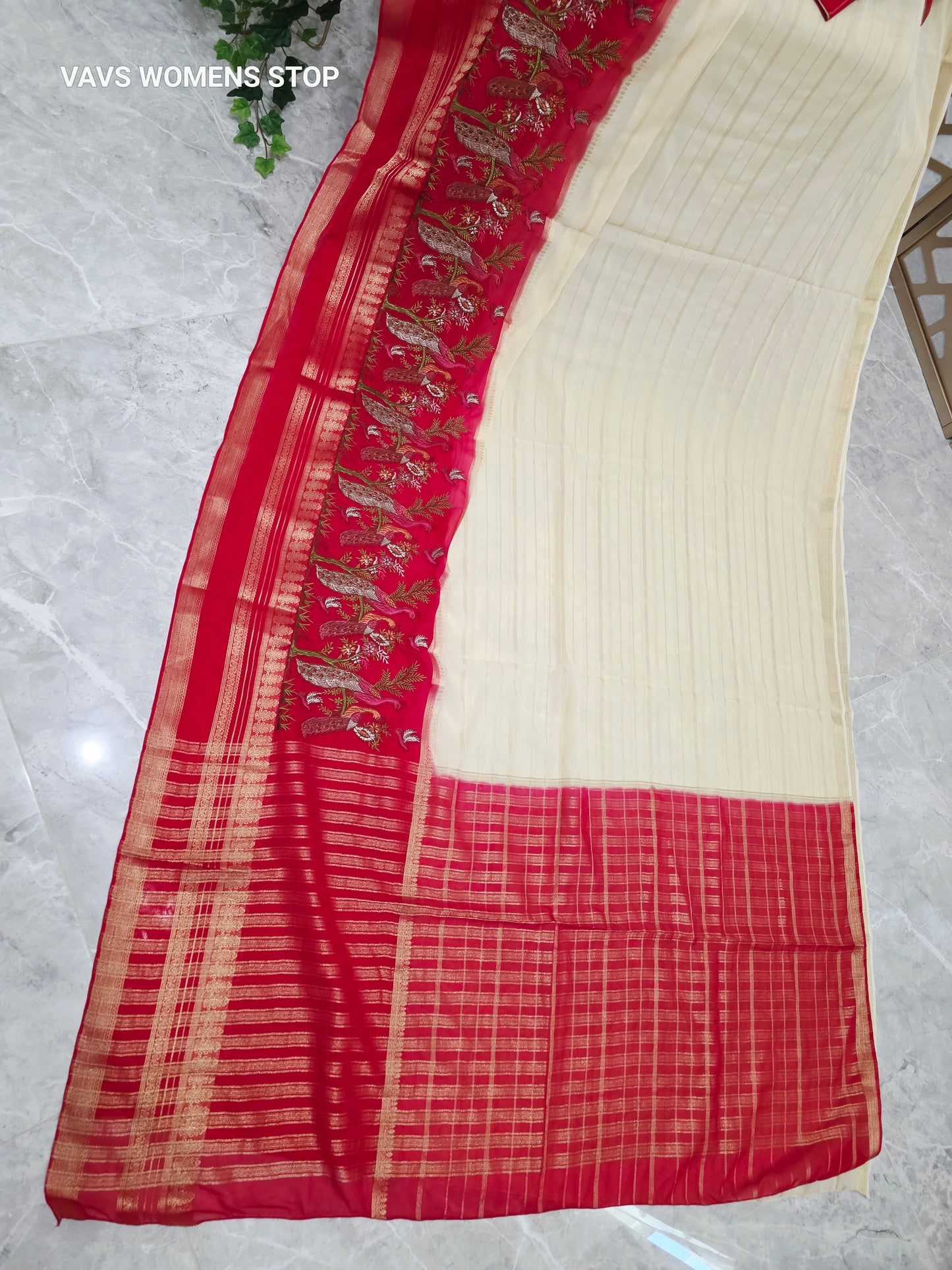 Ivory Cream & Crimson Red Semi Mysore Crepe Silk Saree with Embroidered Peacock Floral Border & Stitched Blouse — Size 36, Extendable to 42