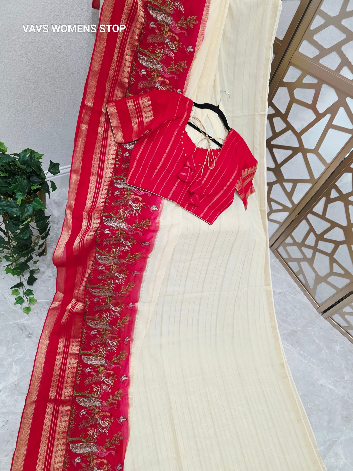 Ivory Cream & Crimson Red Semi Mysore Crepe Silk Saree with Embroidered Peacock Floral Border & Stitched Blouse — Size 36, Extendable to 42