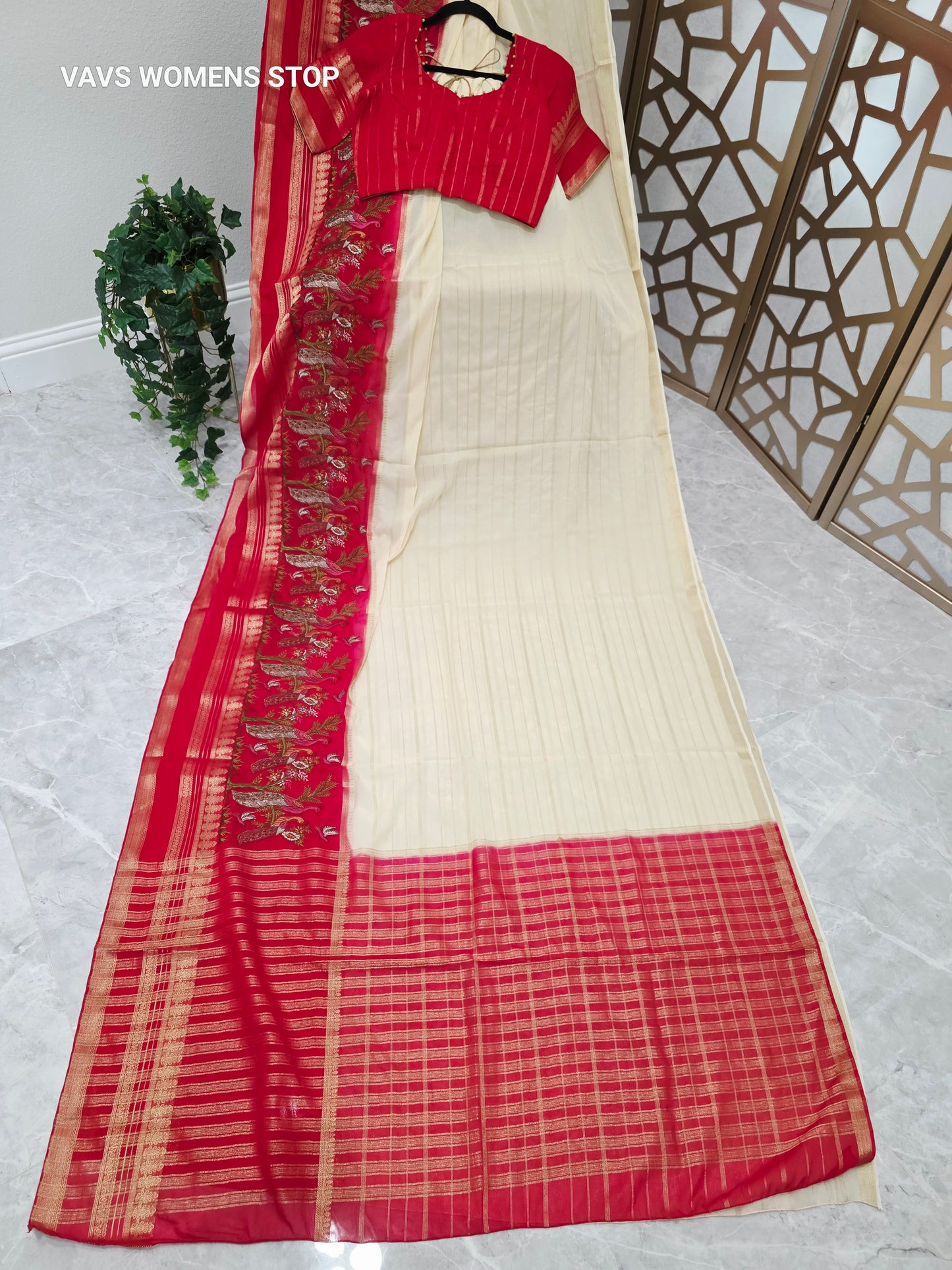 Ivory Cream & Crimson Red Semi Mysore Crepe Silk Saree with Embroidered Peacock Floral Border & Stitched Blouse — Size 36, Extendable to 42