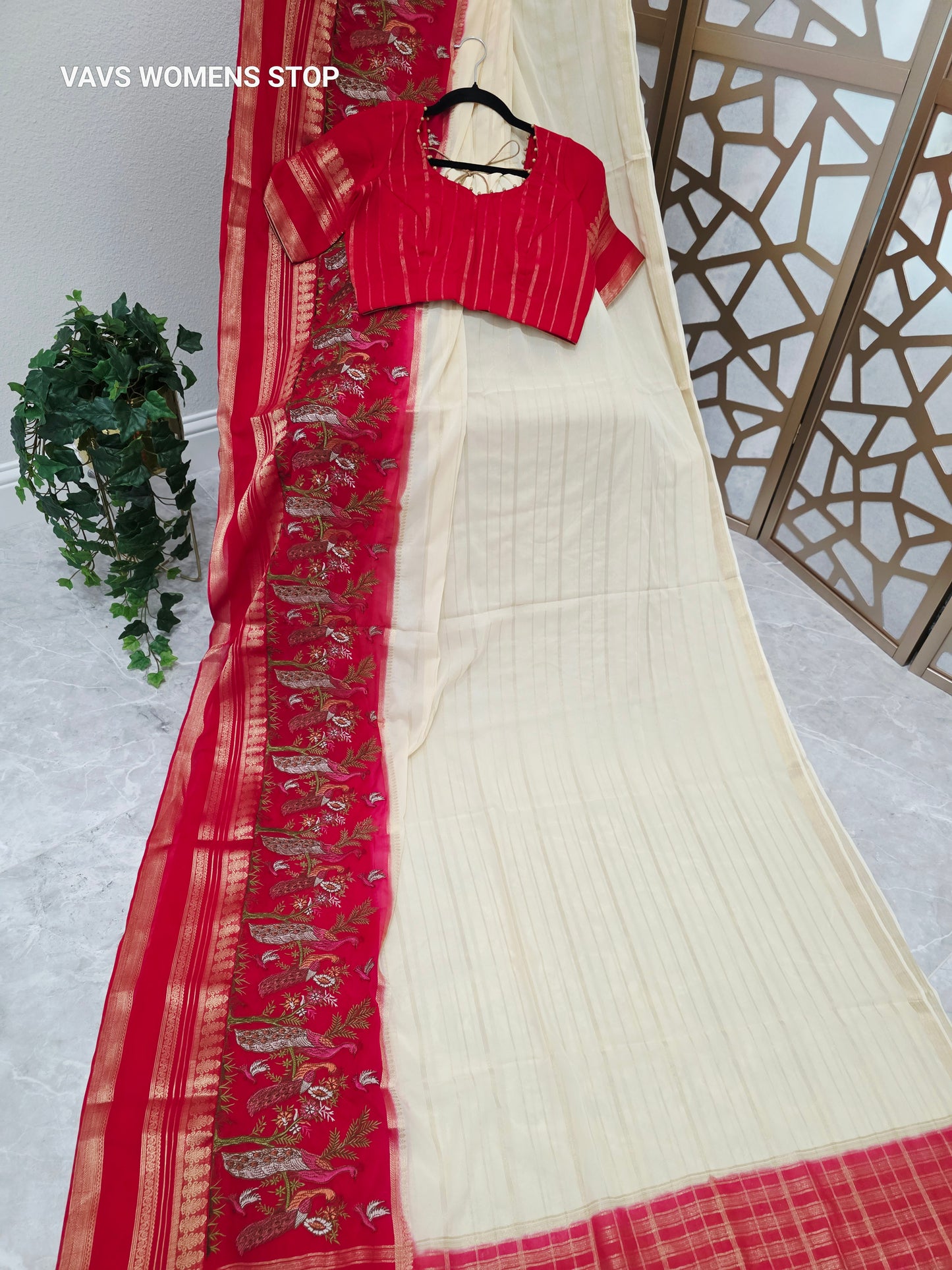 Ivory Cream & Crimson Red Semi Mysore Crepe Silk Saree with Embroidered Peacock Floral Border & Stitched Blouse — Size 36, Extendable to 42