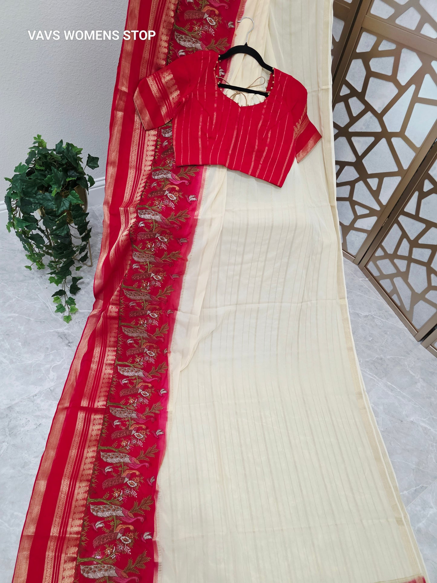 Ivory Cream & Crimson Red Semi Mysore Crepe Silk Saree with Embroidered Peacock Floral Border & Stitched Blouse — Size 36, Extendable to 42