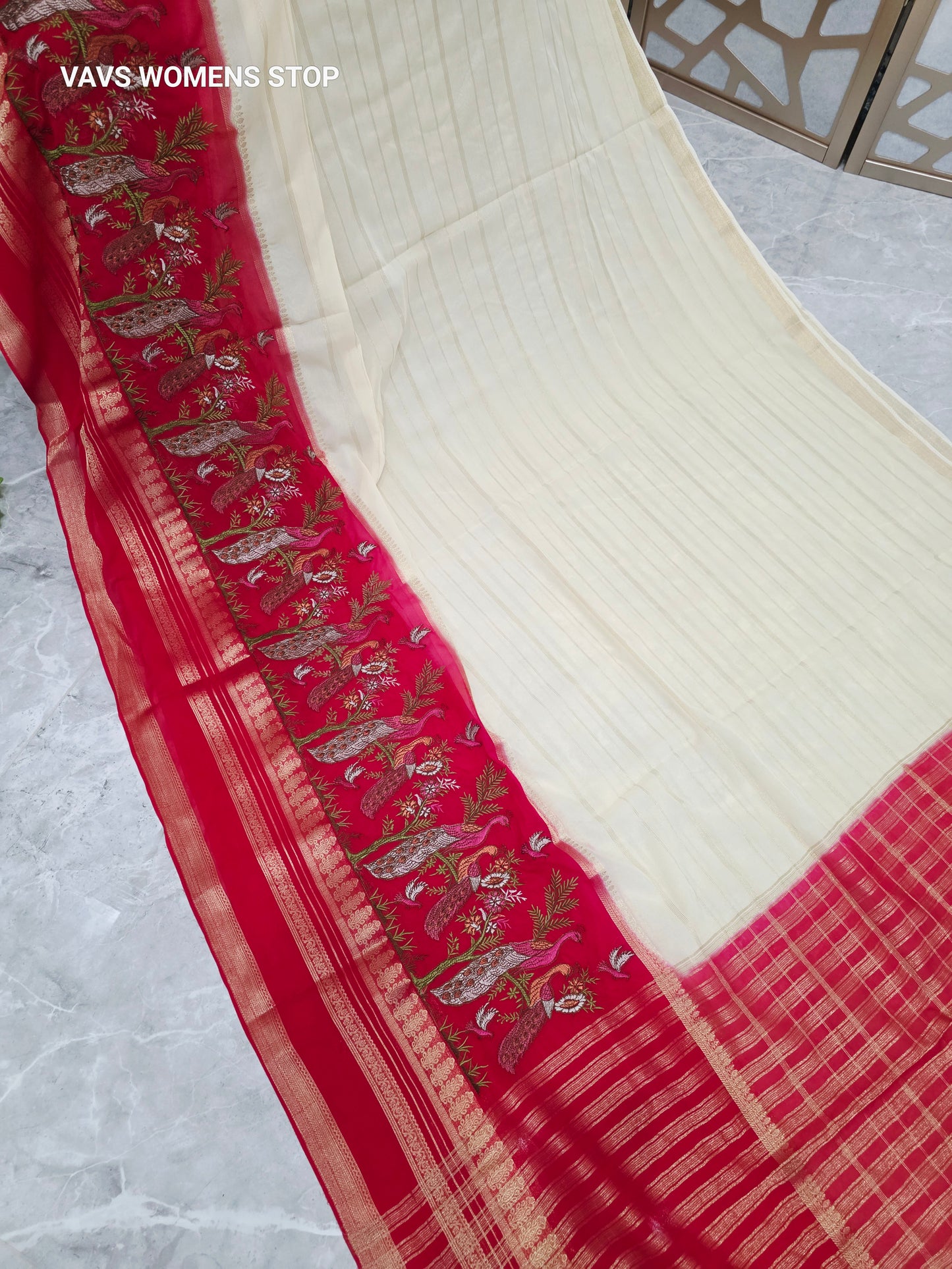 Ivory Cream & Crimson Red Semi Mysore Crepe Silk Saree with Embroidered Peacock Floral Border & Stitched Blouse — Size 36, Extendable to 42