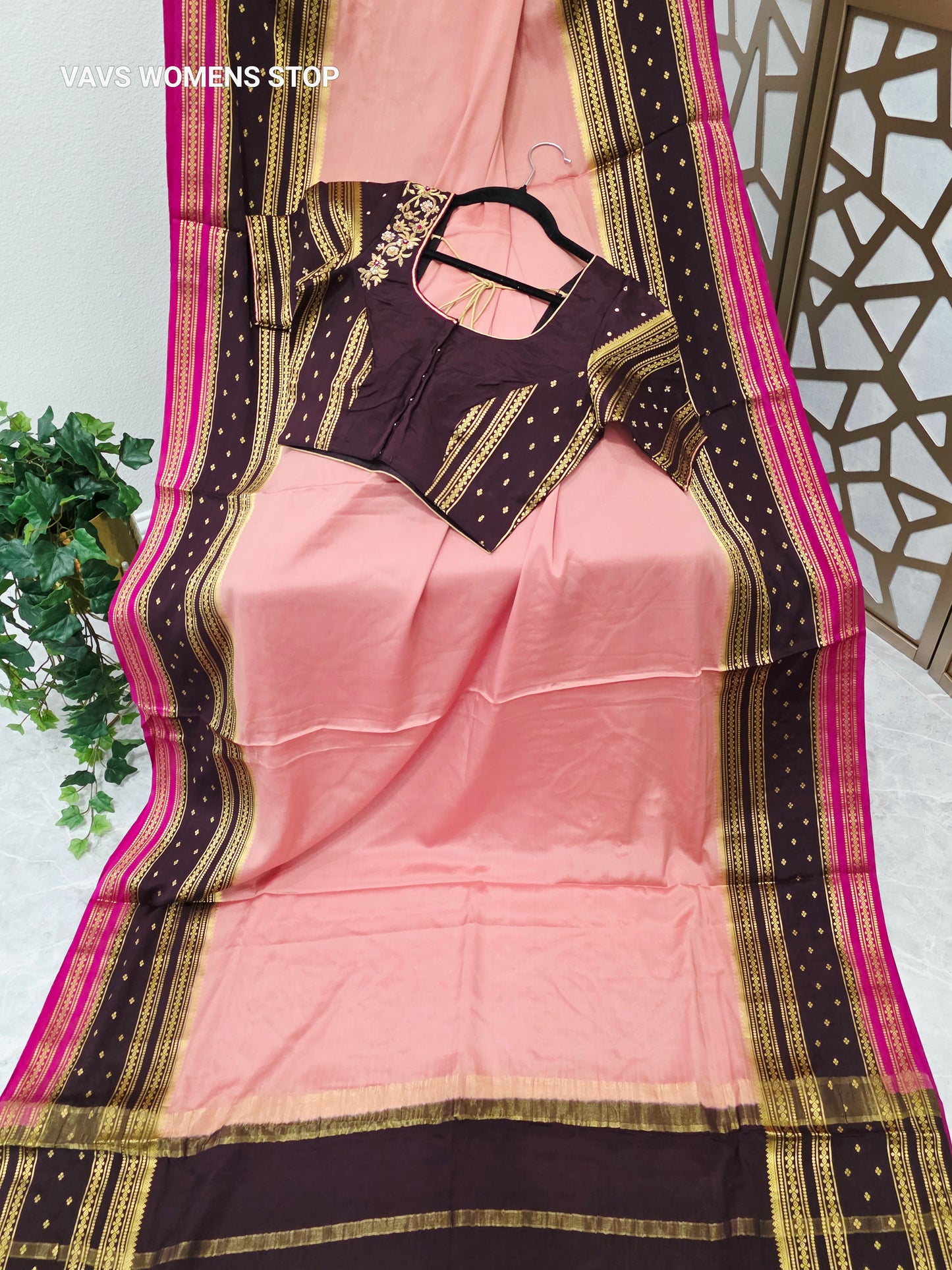 Peach Pink & Deep Plum Pure Mysore Crepe Silk Saree, 140 GSM, with Stitched Maggam Blouse Size 34, Extendable to 40
