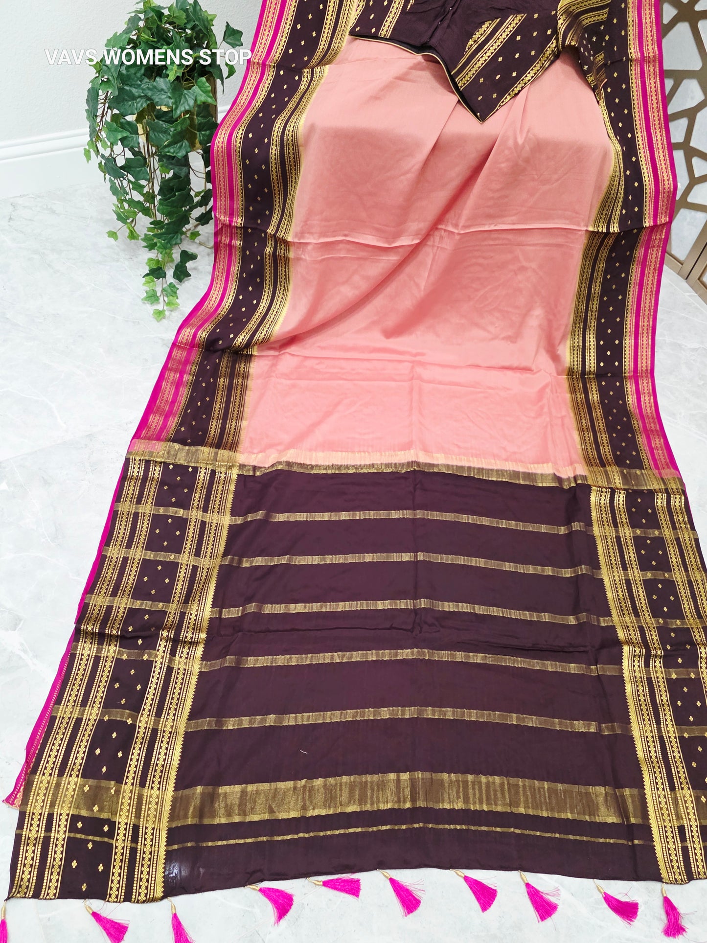 Peach Pink & Deep Plum Pure Mysore Crepe Silk Saree, 140 GSM, with Stitched Maggam Blouse Size 34, Extendable to 40