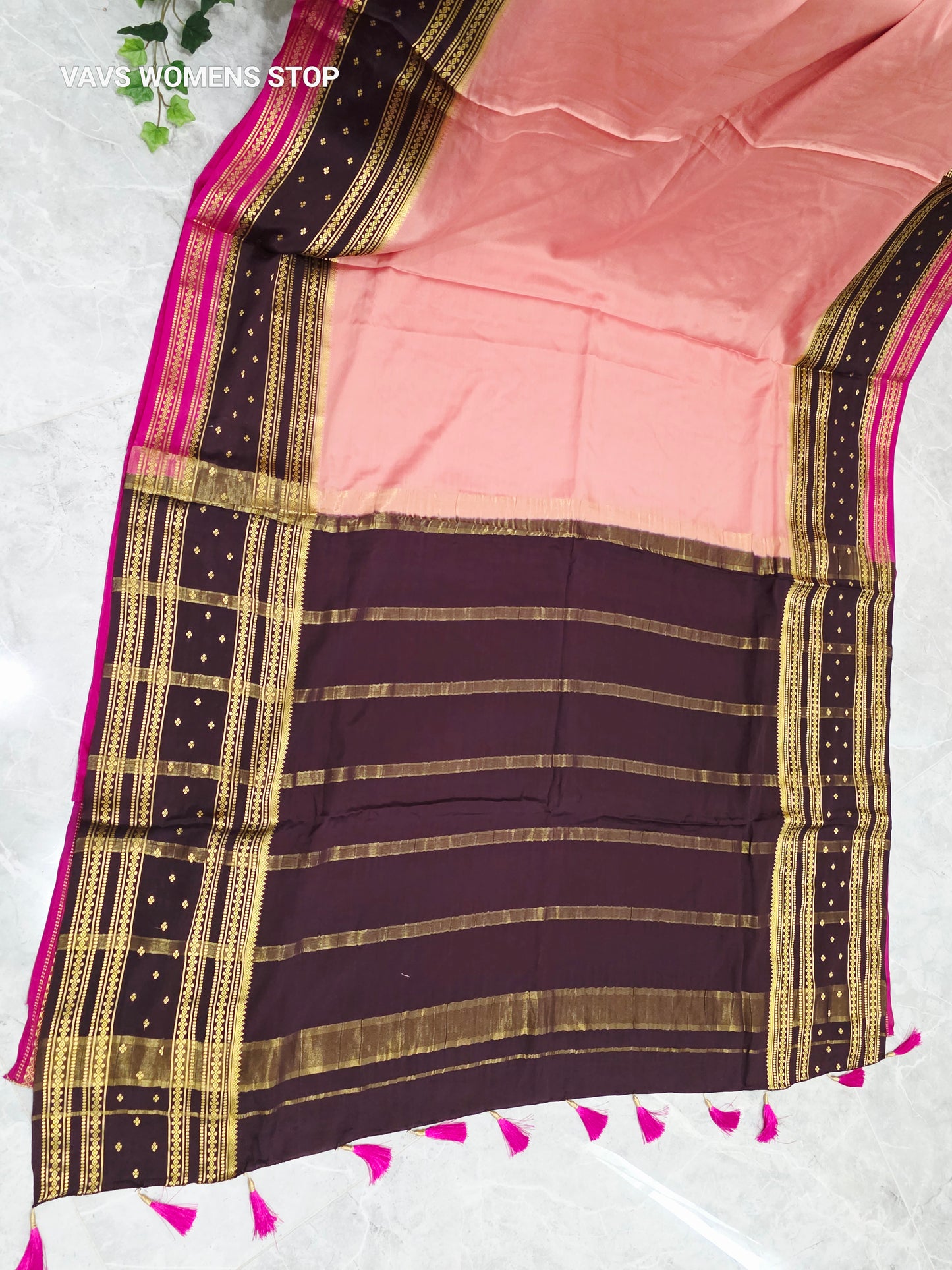 Peach Pink & Deep Plum Pure Mysore Crepe Silk Saree, 140 GSM, with Stitched Maggam Blouse Size 34, Extendable to 40