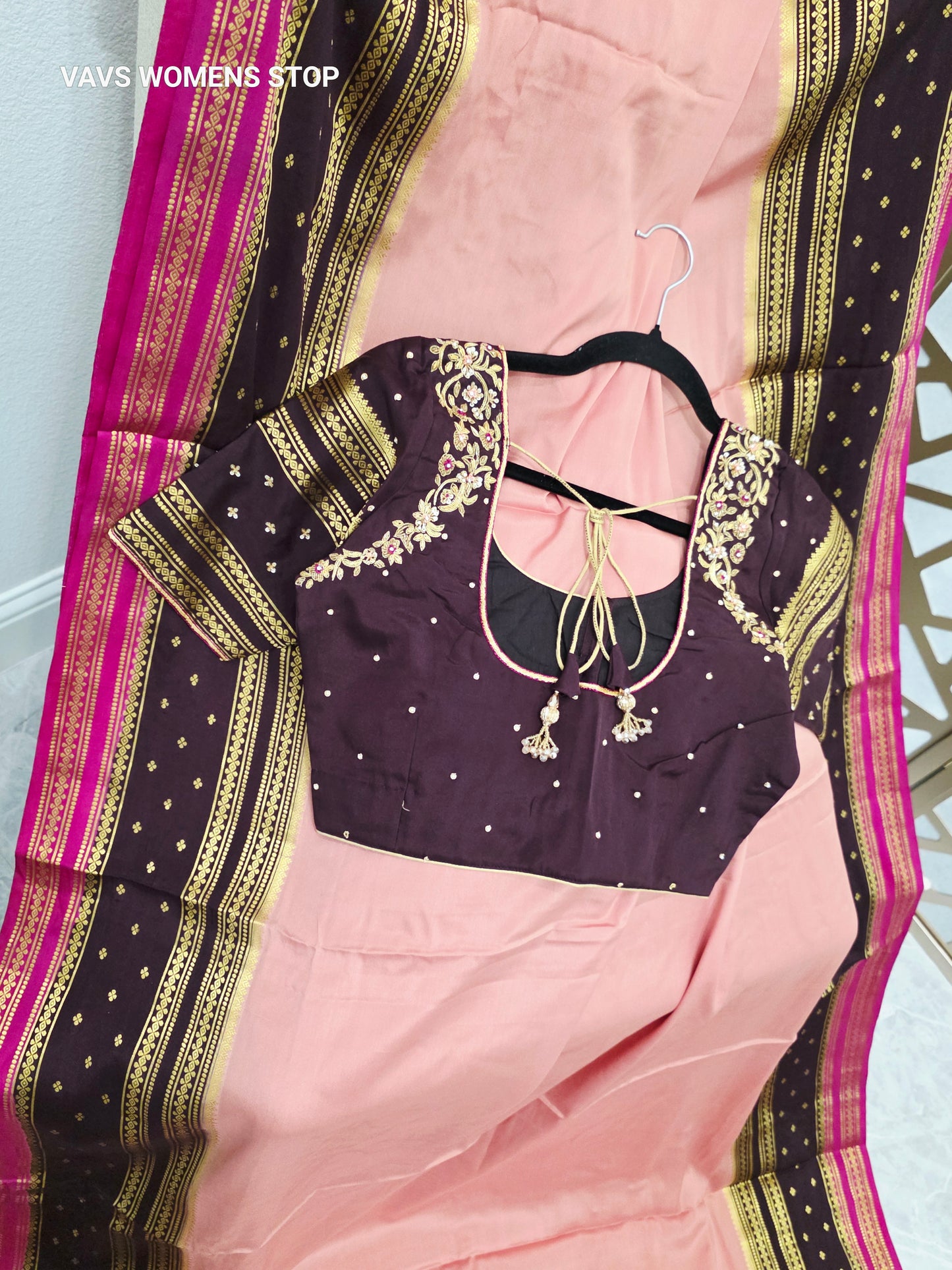 Peach Pink & Deep Plum Pure Mysore Crepe Silk Saree, 140 GSM, with Stitched Maggam Blouse Size 34, Extendable to 40