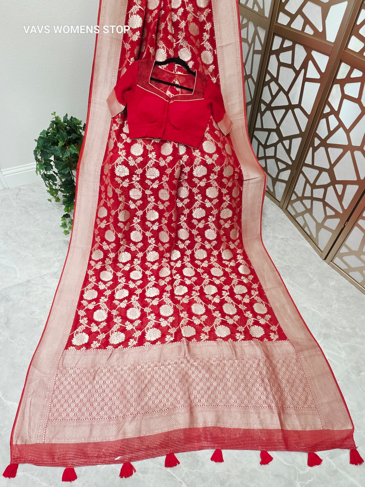 Ruby Red & Champagne Gold Floral Viscose Georgette Saree, 140 GSM, with Padded Maggam Blouse Size 34, Extendable to 40
