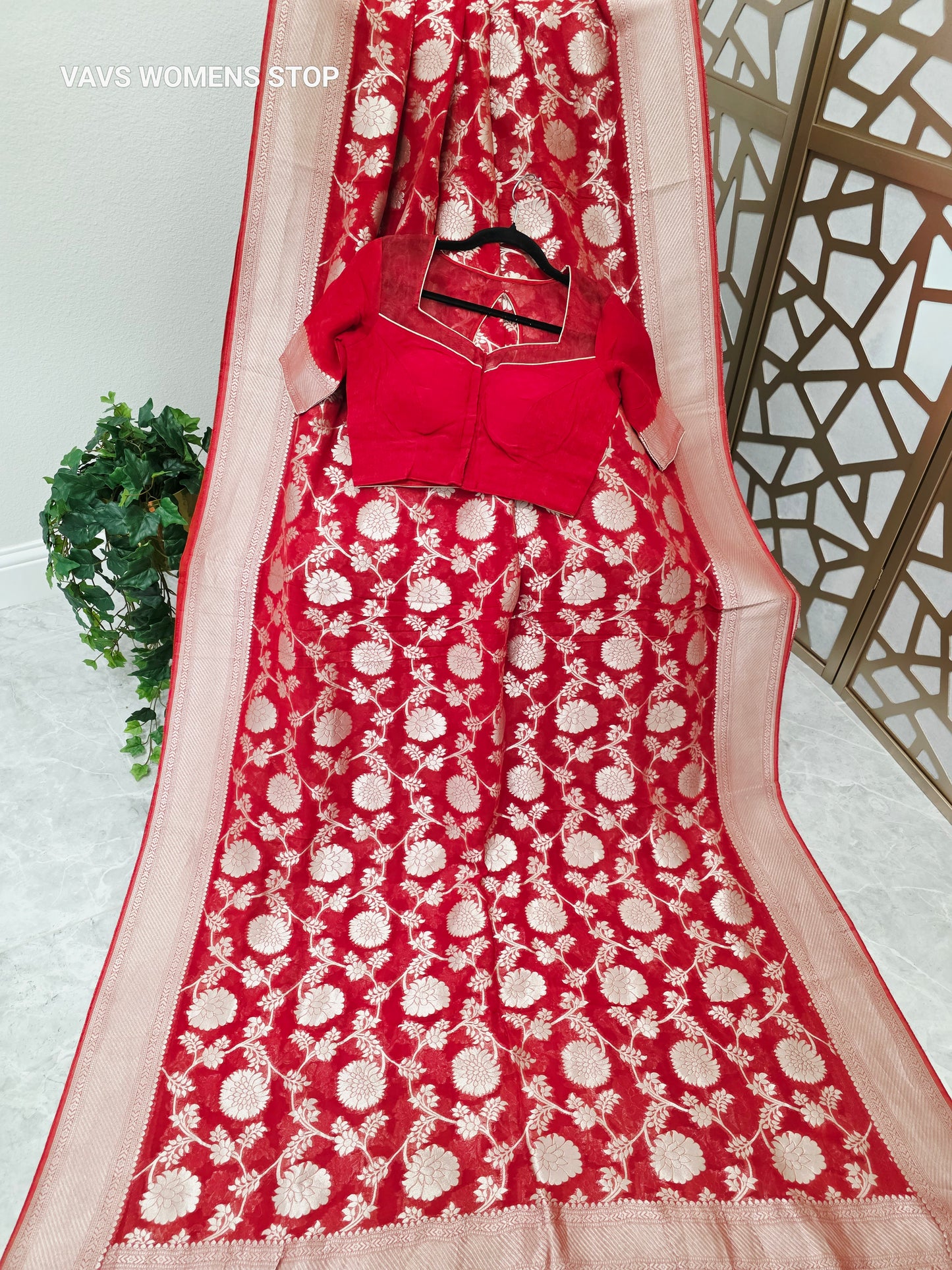 Ruby Red & Champagne Gold Floral Viscose Georgette Saree, 140 GSM, with Padded Maggam Blouse Size 34, Extendable to 40