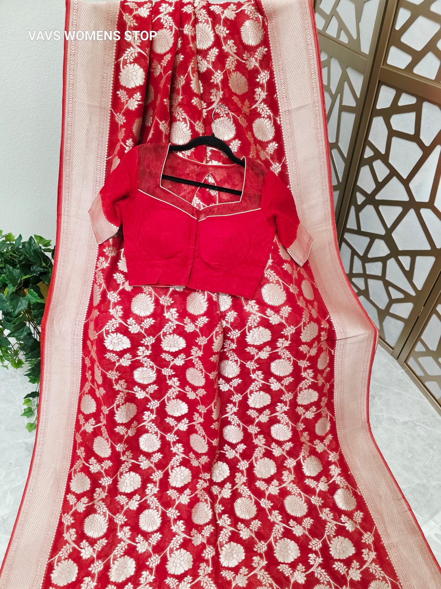 Ruby Red & Champagne Gold Floral Viscose Georgette Saree, 140 GSM, with Padded Maggam Blouse Size 34, Extendable to 40