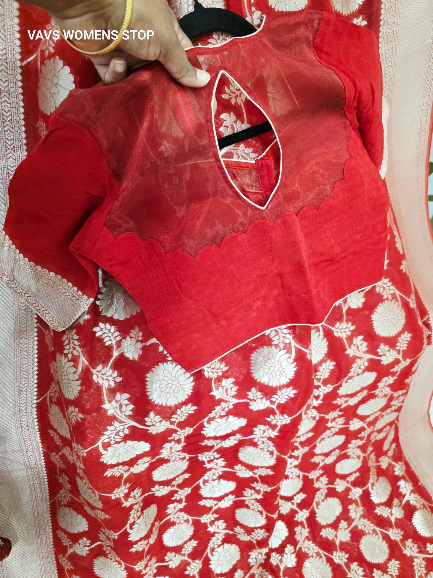Ruby Red & Champagne Gold Floral Viscose Georgette Saree, 140 GSM, with Padded Maggam Blouse Size 34, Extendable to 40