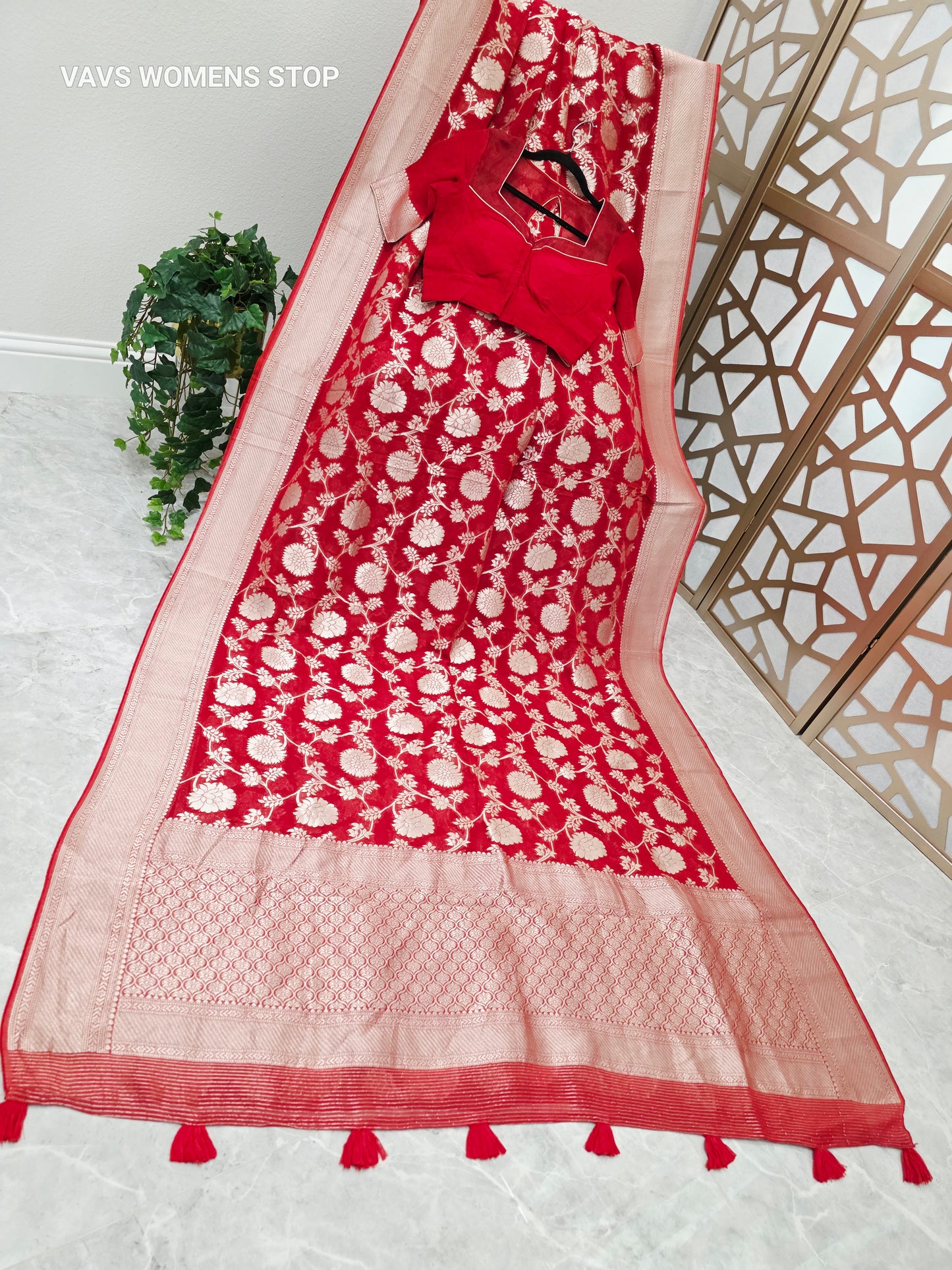 Ruby Red & Champagne Gold Floral Viscose Georgette Saree, 140 GSM, with Padded Maggam Blouse Size 34, Extendable to 40