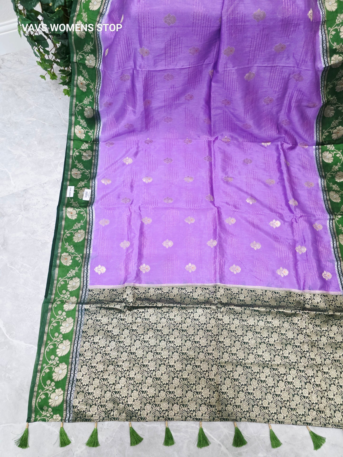 Orchid Lavender Soft Benarasi Silk Saree with Emerald Green Floral Border & Forest Green Brocade Stitched Blouse | Size 36, Extendable to 42