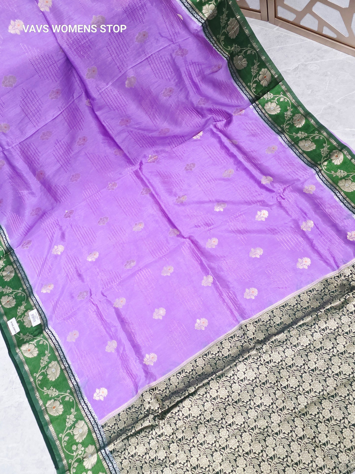 Orchid Lavender Soft Benarasi Silk Saree with Emerald Green Floral Border & Forest Green Brocade Stitched Blouse | Size 36, Extendable to 42