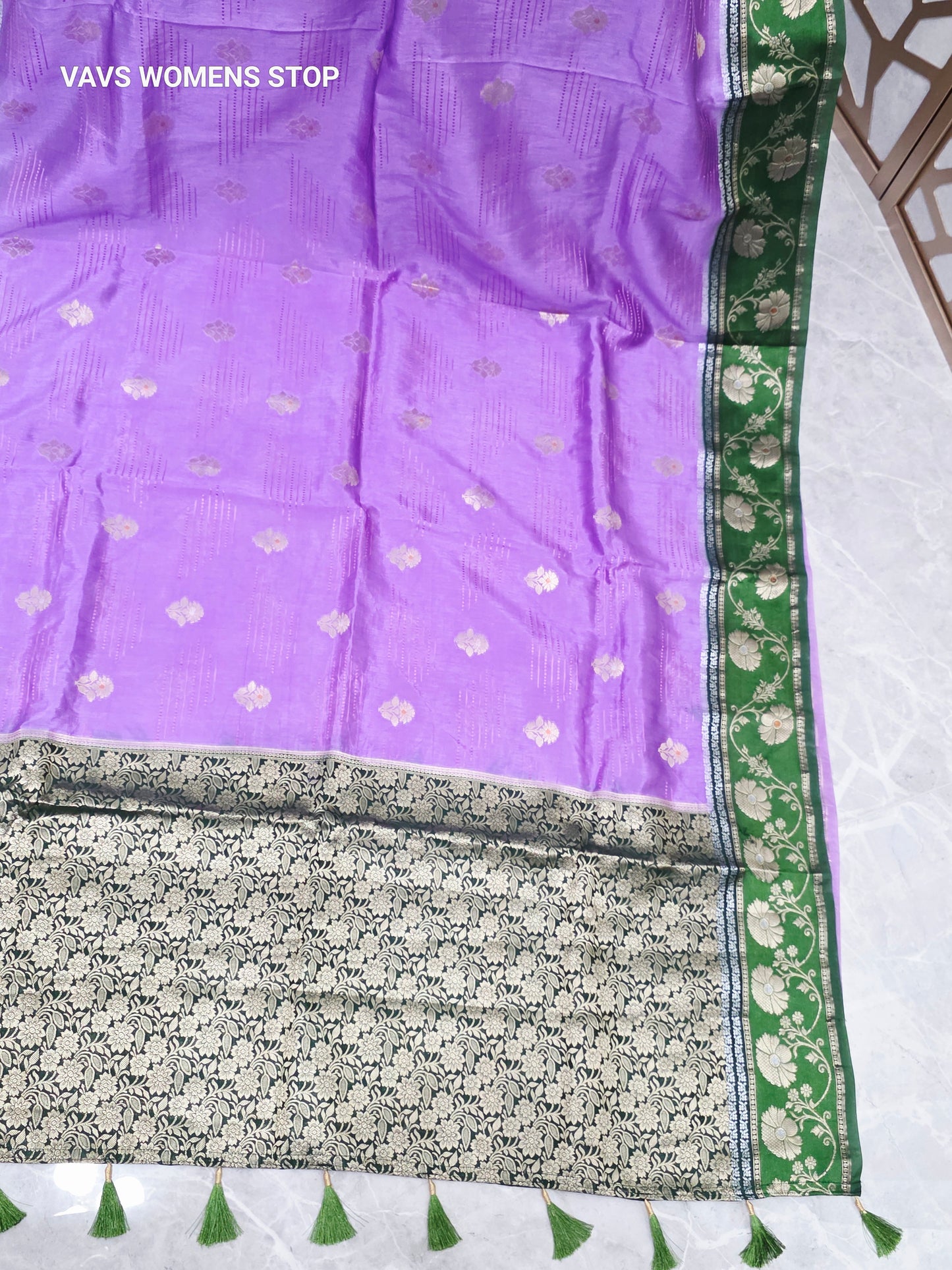Orchid Lavender Soft Benarasi Silk Saree with Emerald Green Floral Border & Forest Green Brocade Stitched Blouse | Size 36, Extendable to 42