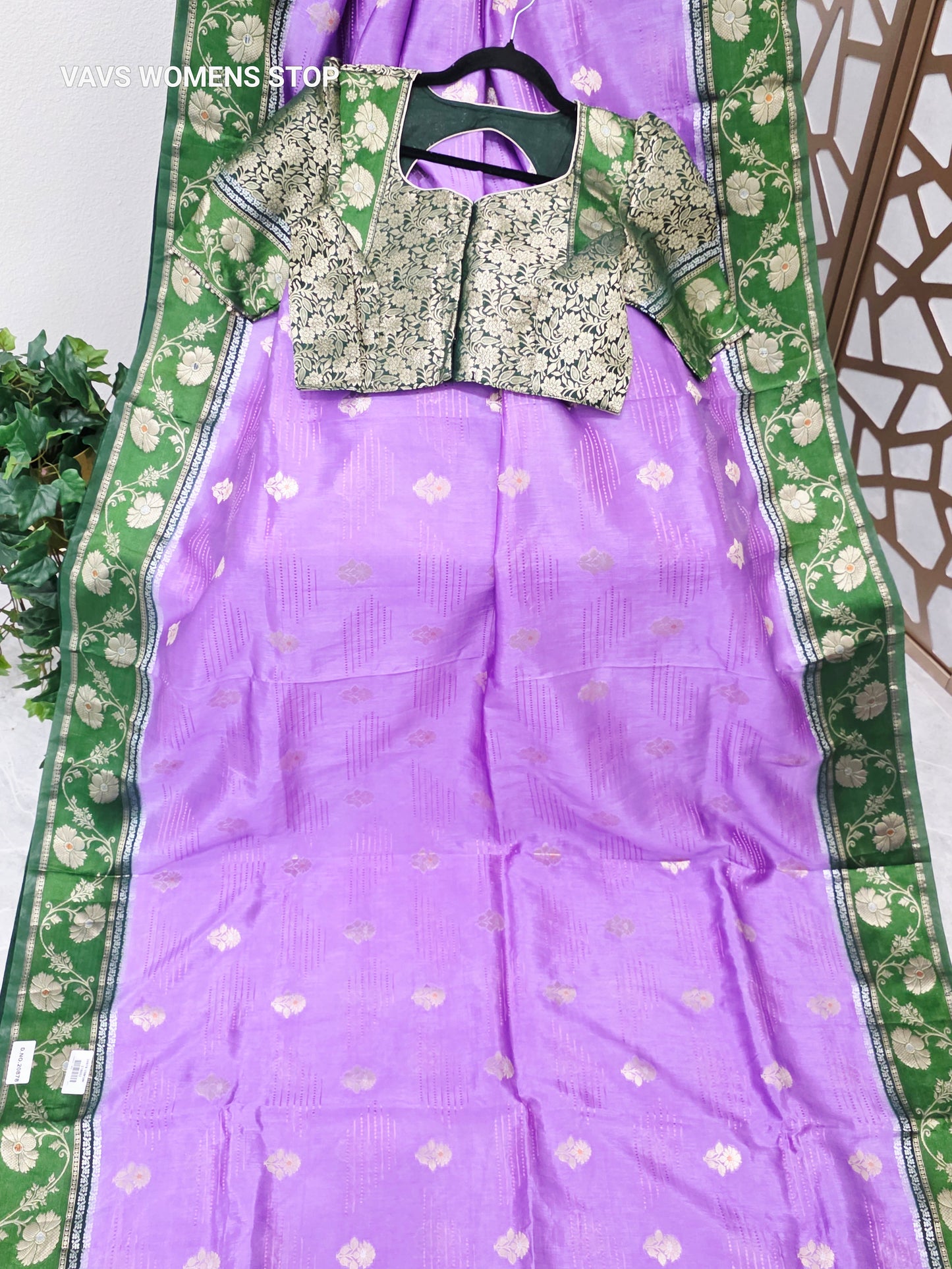 Orchid Lavender Soft Benarasi Silk Saree with Emerald Green Floral Border & Forest Green Brocade Stitched Blouse | Size 36, Extendable to 42
