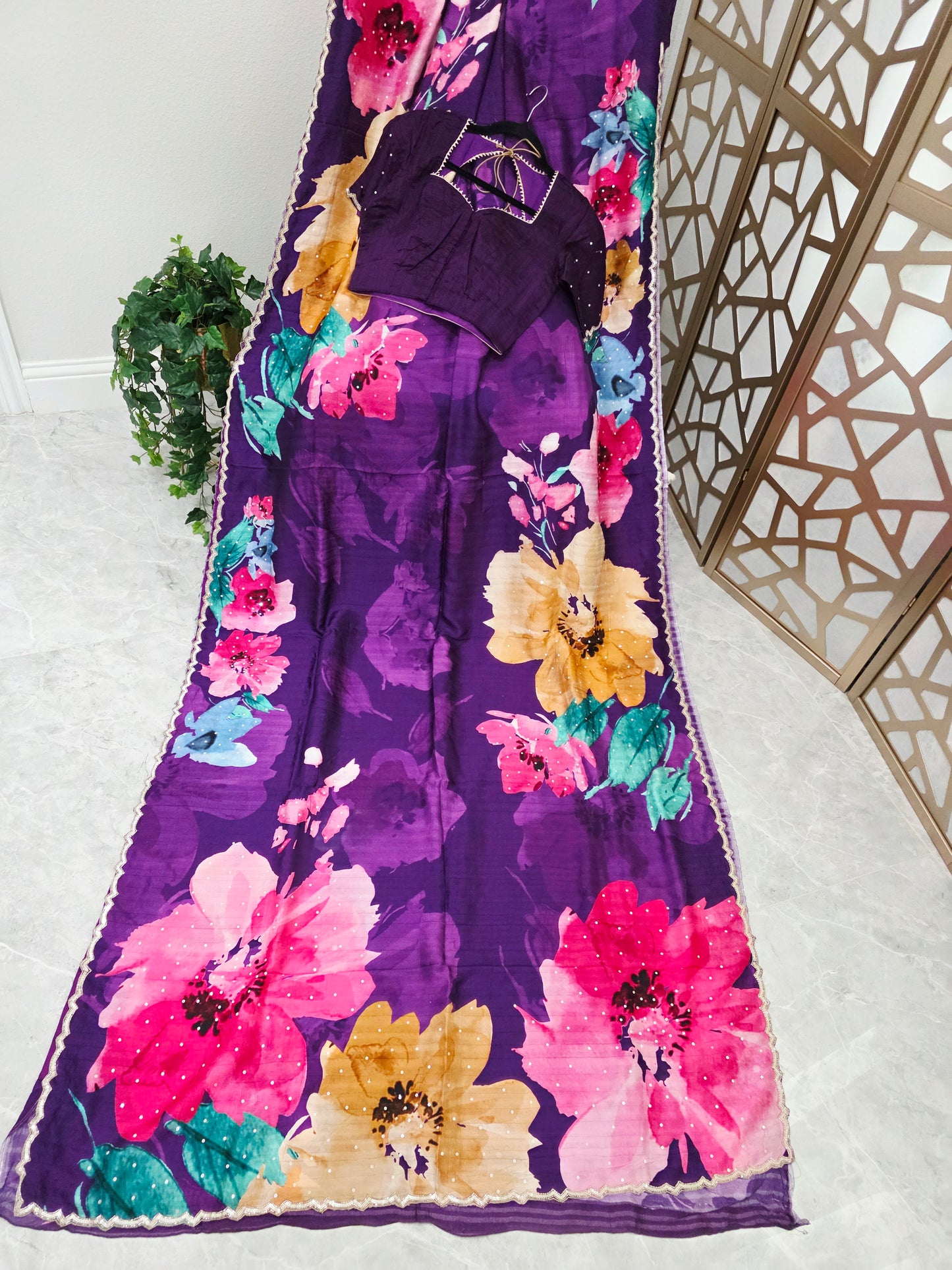 Amethyst Purple Floral Russian Crepe Silk Saree with Scalloped Sequin Border & Matching Stitched Blouse Size 34, Extendable to 40