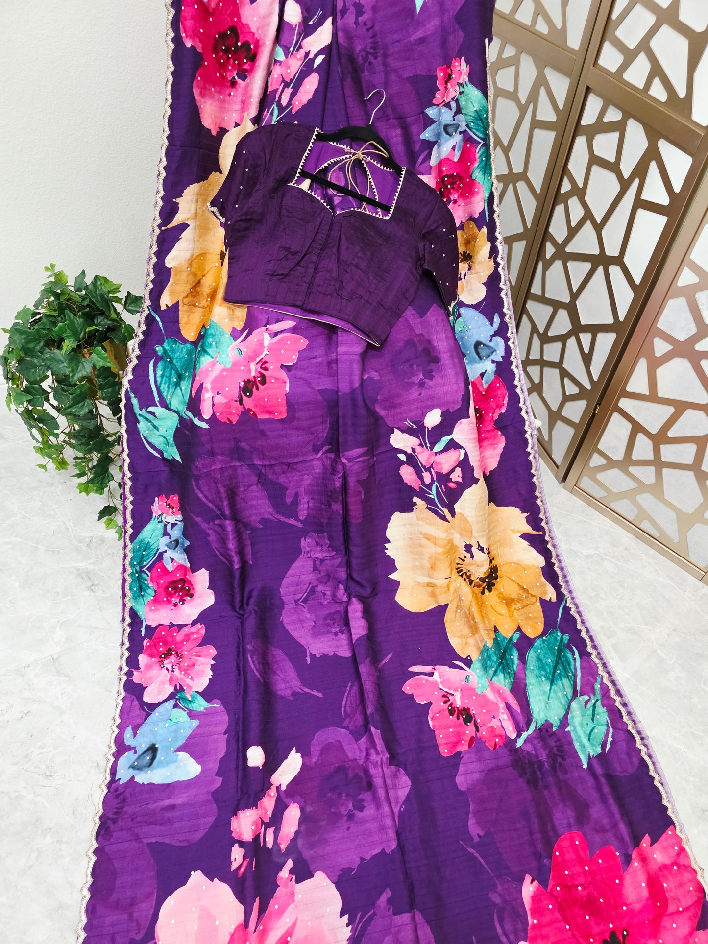 Amethyst Purple Floral Russian Crepe Silk Saree with Scalloped Sequin Border & Matching Stitched Blouse Size 34, Extendable to 40